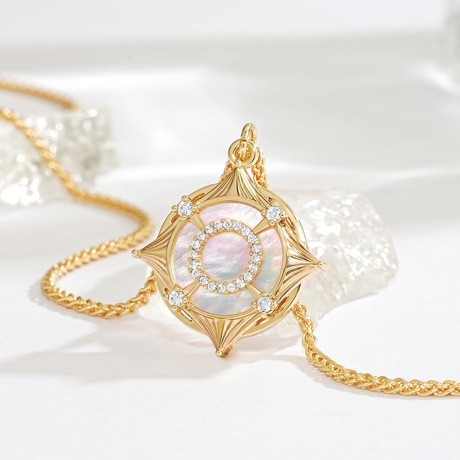 Fettero 14K Gold Plated Necklaces for Women Dainty Mother of Pearl Pendant, Love Heart | Palm Tree | Compass | Cross Charm MOP Gold Necklace Jewelry Gift - Image 5