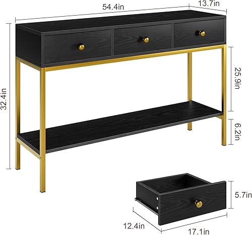 Miniatura 2 de IDEALHOUSE Chic 2024 Nueva mesa consola con almacenamiento, mesa de entrada de 54.4 pulgadas con marco de metal y 3 cajones, mesa de sofá estrecha