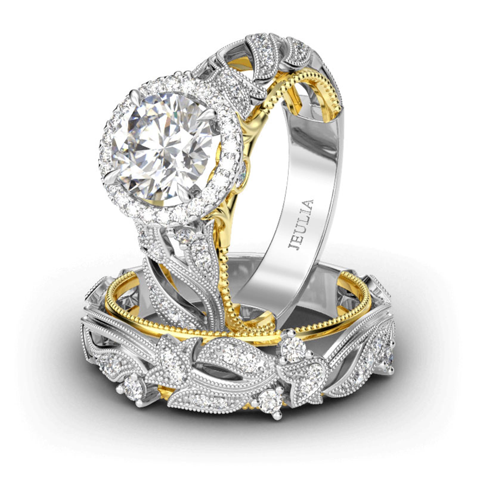 Jeulia 4 Quilates Anillo de Mujer Plata de Ley 925 Conjuntos de Boda En Oro Rosa Halo Corte Redondo Anillo de Compromiso Banda Diamantes Blancos Circonita Cúbica Anillo Aniversario