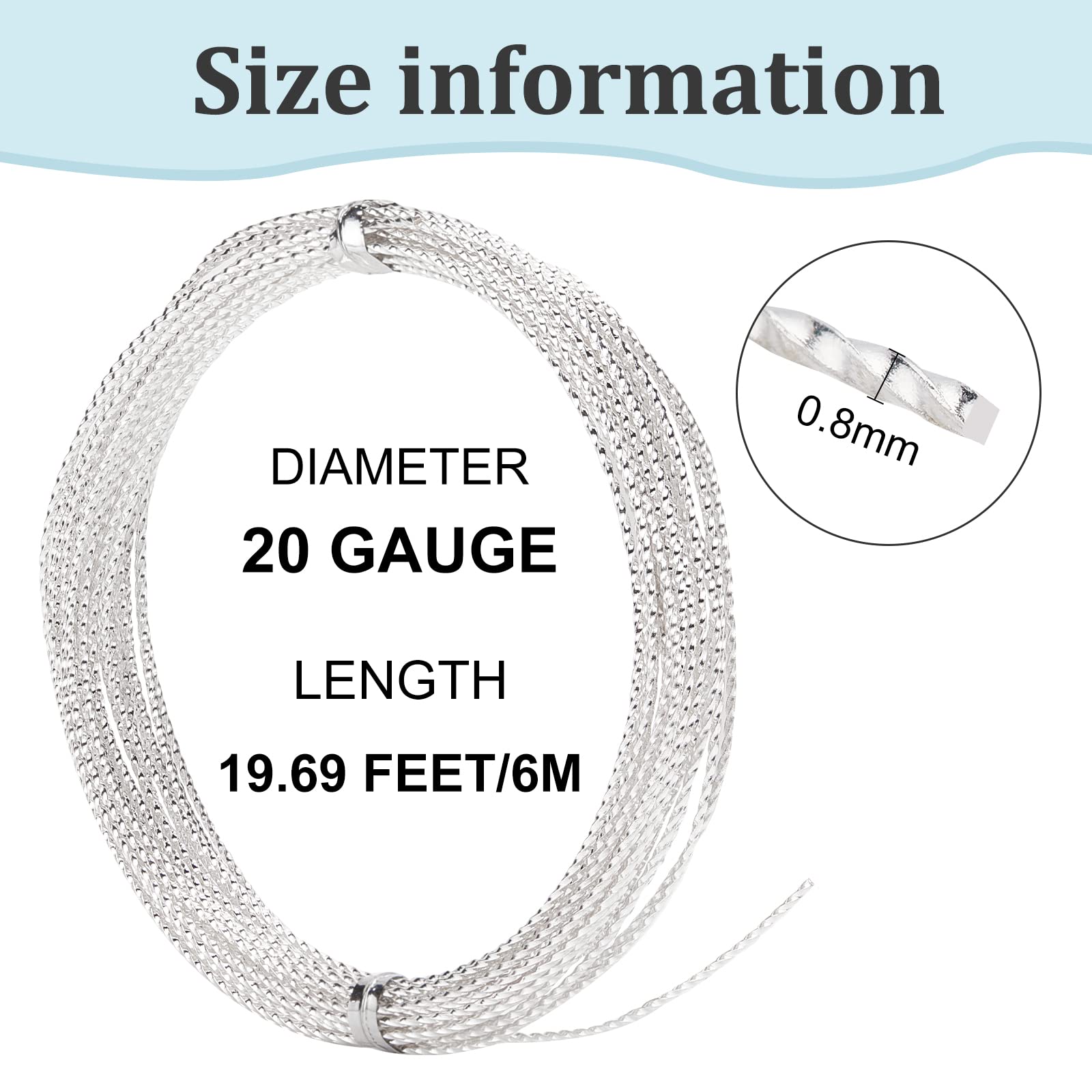 BENECREAT 20 Gauge 20Feet Silver Brass Twist Wire, Engraved Twist Brass Wire for Jewelry Beading Craft Work Making Supplies