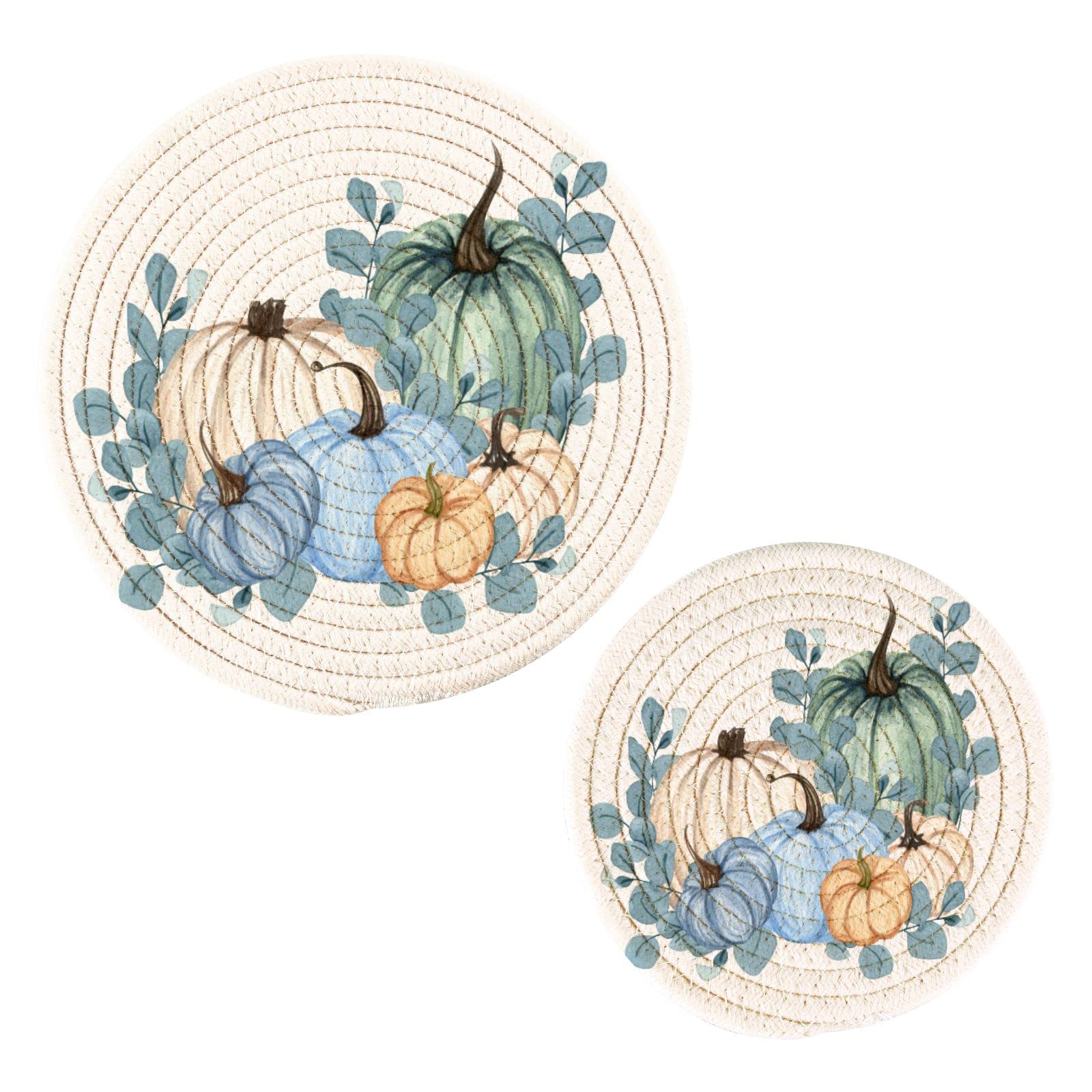 Pumpkins Blue Fall Autumn Harvest Thanksgiving Pot Holders Trivets Set 2 Pcs,Potholders for Kitchens,Cotton Coasters Trivets for Hot Dishes/Hot Pots and Pans/Hot Pot Holders