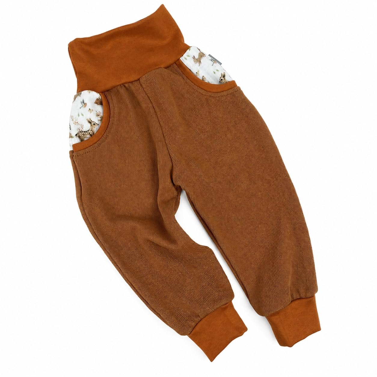 Lilakind Strick Pumphose Kinder | Musselin mit Waldtier-Muster | Babyhose Kleinkindhose | 100% Baumwolle | Terra | Größen 74/80-104/110
