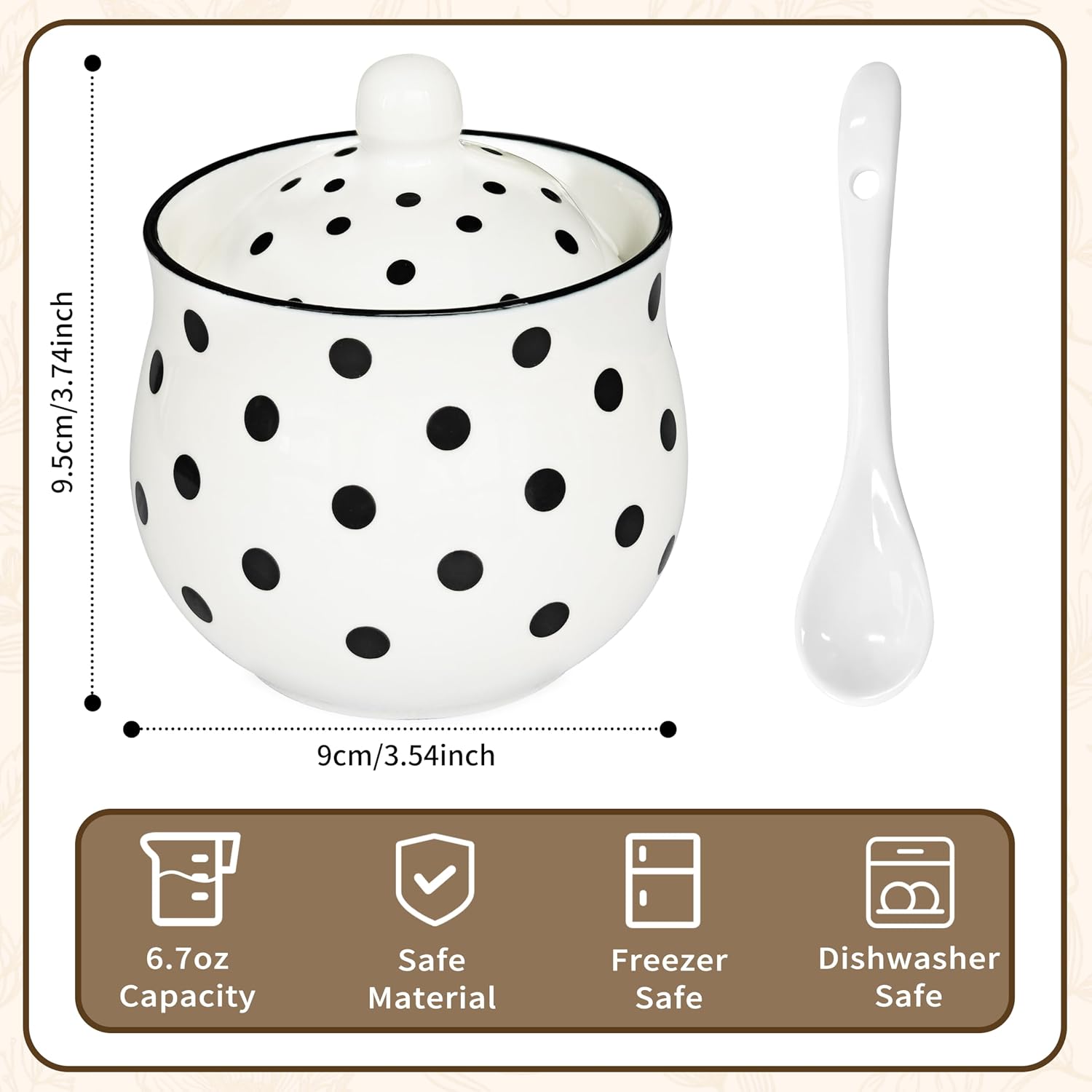 Sugar Bowl with Lid and Spoon, 6.7ounce Ceramic Sugar Container, European Style Sugar Bowl for Sugar Coffee, Salt, Spices，Sugar Jar for Kitchen Decorative,Dots