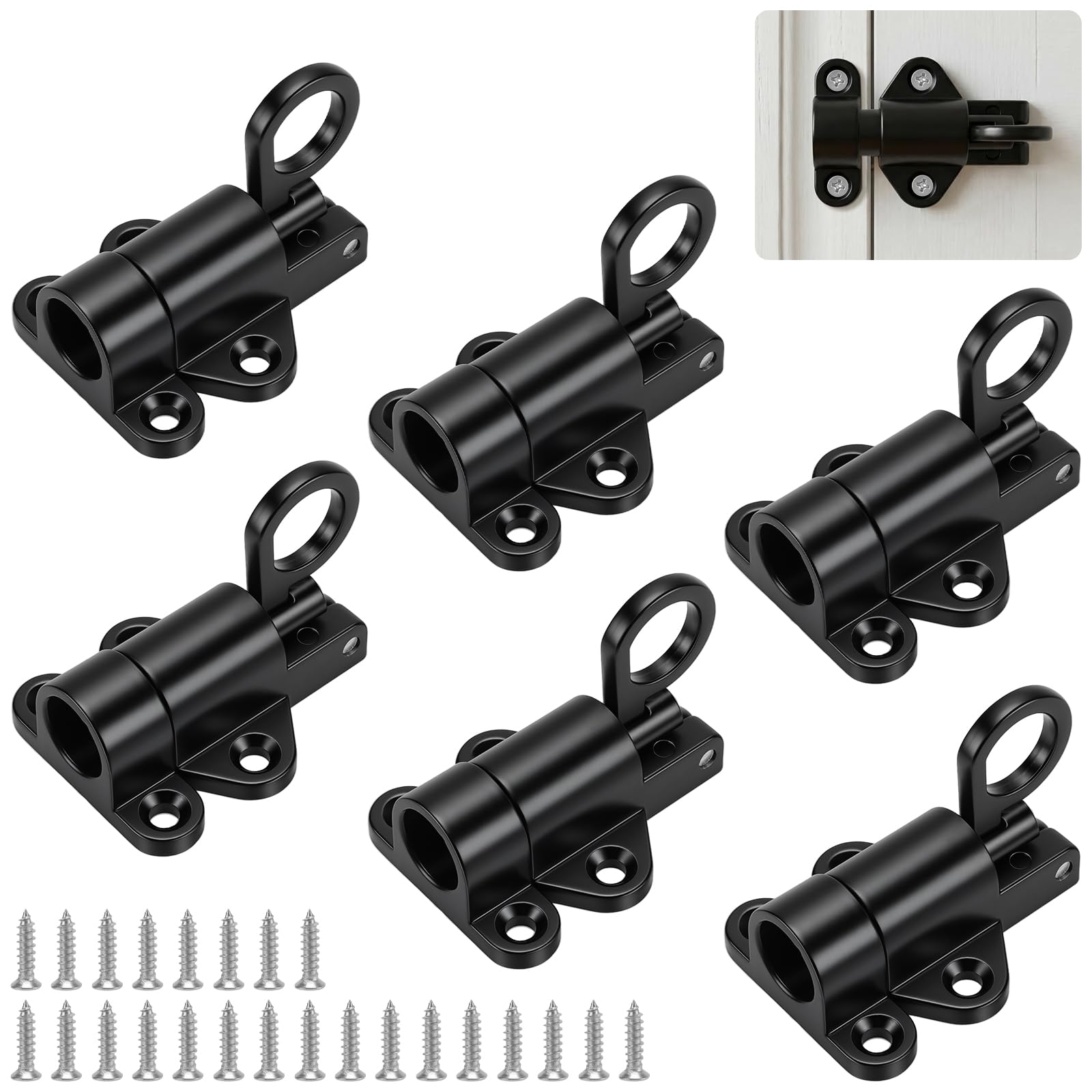 Cheungr Black 6 Pcs Self-Closing Latches, Door Bolt Spring Latch With 24 Screws, Aluminum Alloy Resilient Bolt Latch For Windows, Cabinet, Gate, Automatic Sliding Spring Door,
