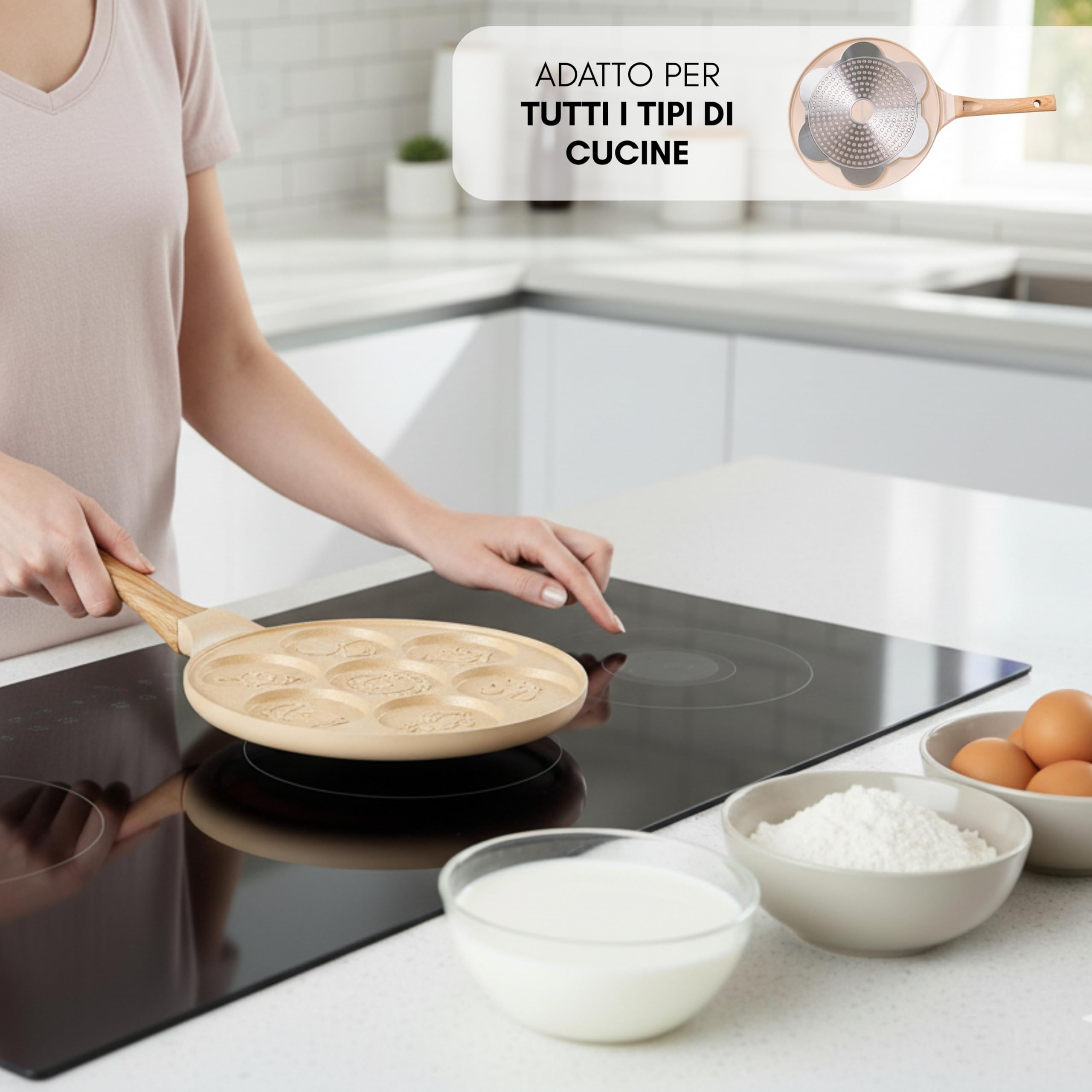 Erreke Padella per Pancake, Crepiera, Tutti i Piani Cottura e Induzione, Doppio Rivestimento Antiaderente, Design Animaletti, Manico Soft-Touch, 7 Pancake o Crepe, 26 cm Colore Beige