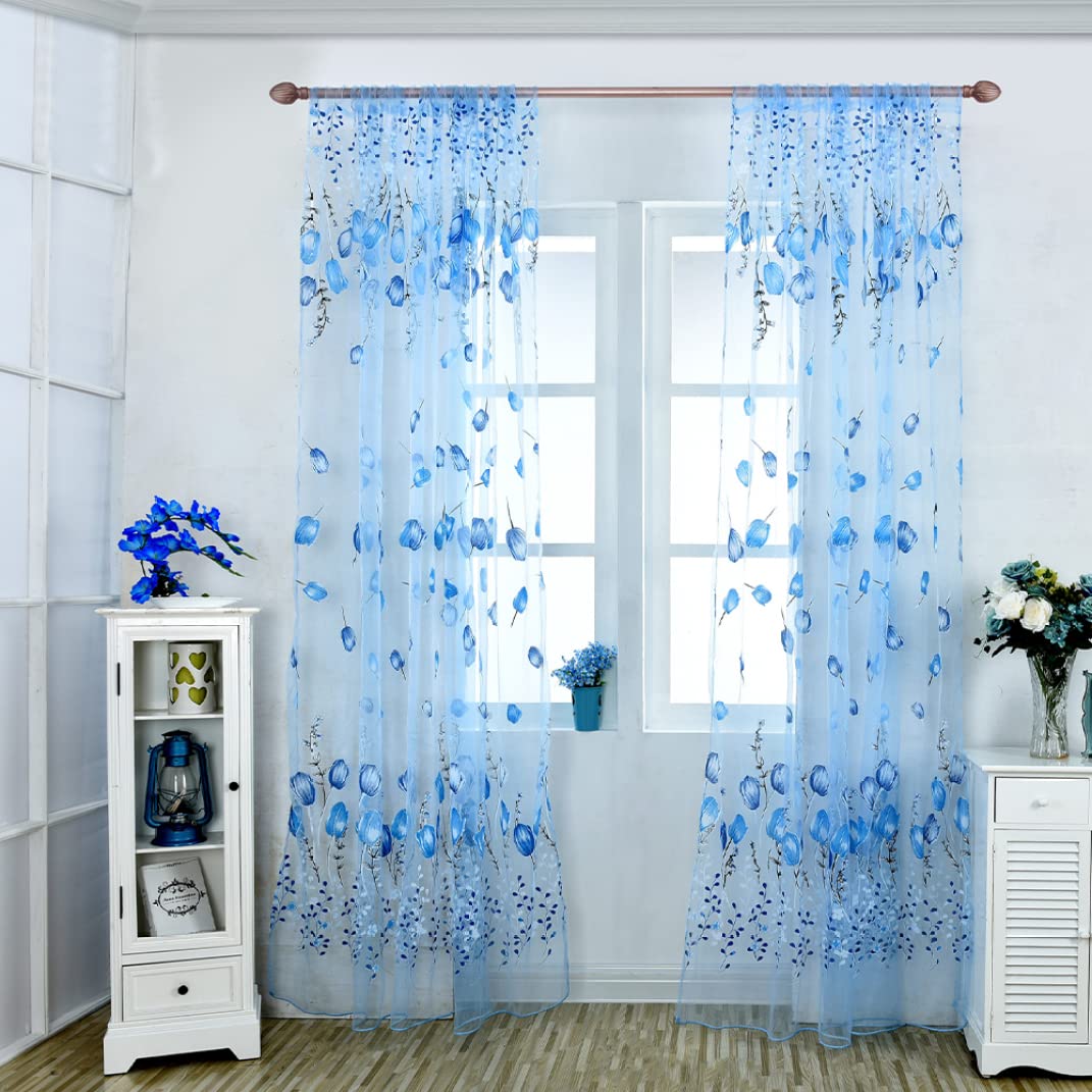 Hperu Sheer Voile Window Curtains, Tulle Printed Curtains for Living Room Bedroom Home Decoration, Blue 100 * 200cm Light Filtering Sheer Voile