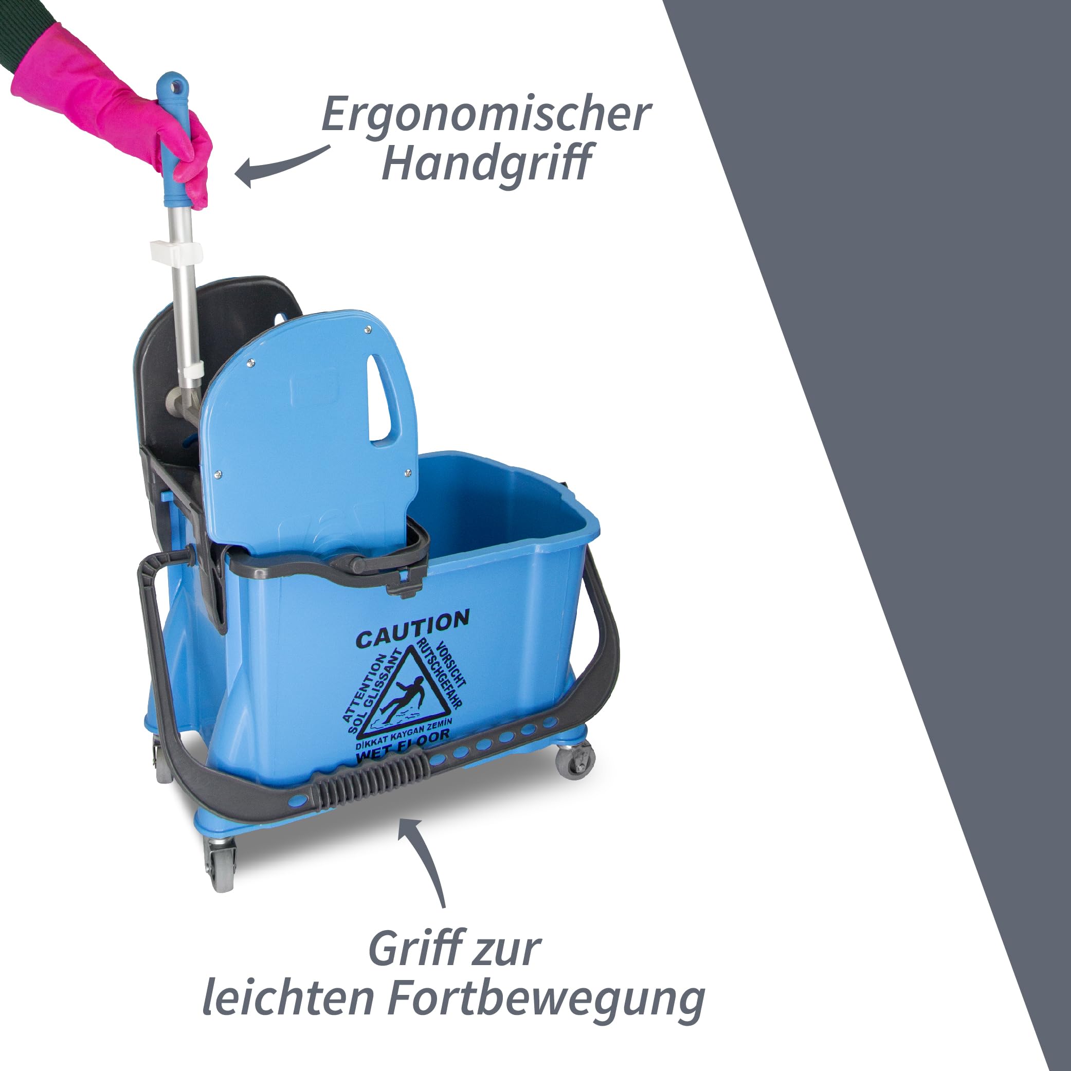 Einfachfahrwagen GIV 7, Fahrwagen mit 24 Liter Eimer, inkl. 10 Liter Schmutzwasserbehälter, Putzwagen mit Wischmopp Presse, Reinigungswagen für Gebäudereinigung