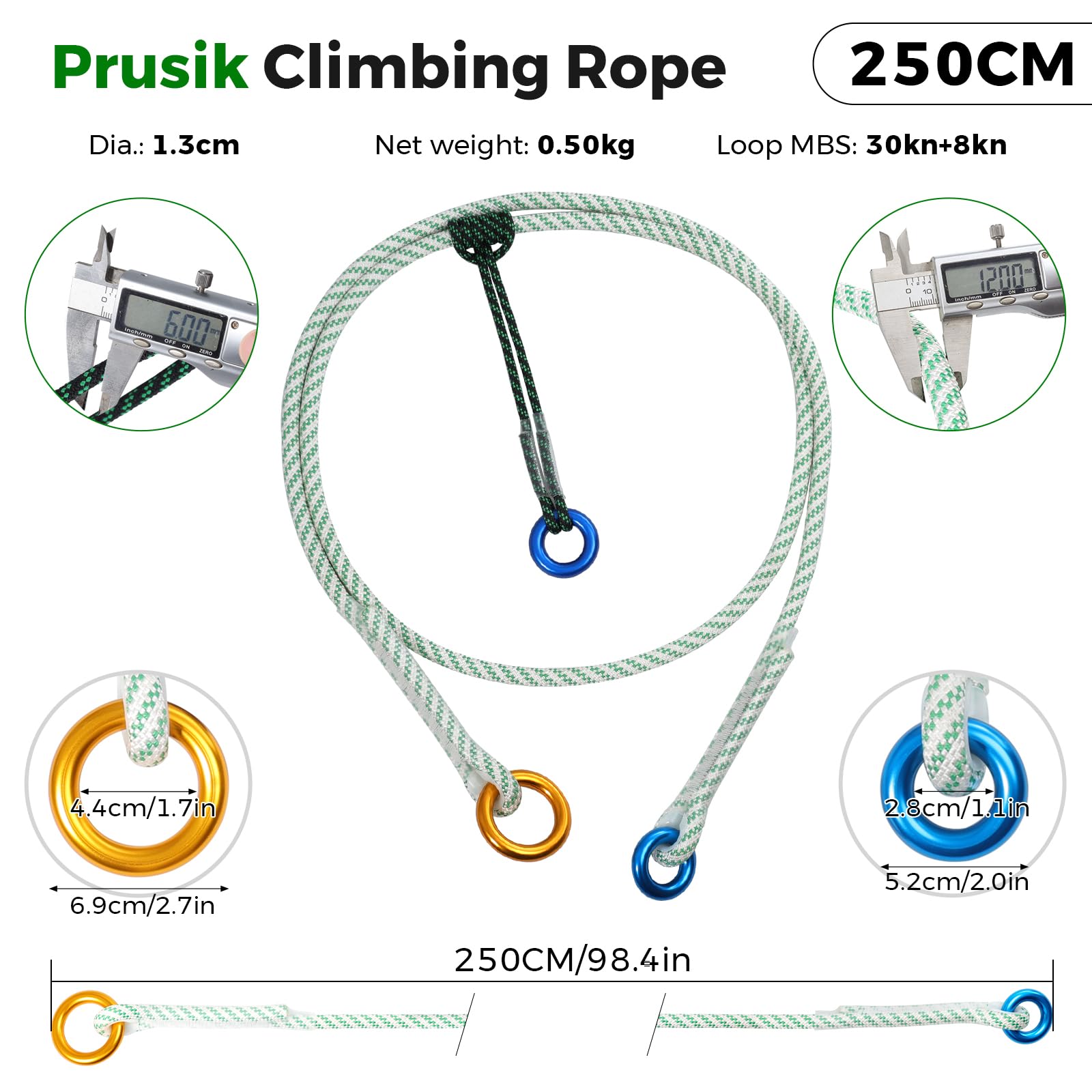 12mm Heavy Duty Prusik Climbing Rope & Cord Set - 30kN Main Rope + 8kN Friction Cord, Zero-Slip Grip, 100% Polyester for Rock Climbing, Arborist & Rescue, 90cm/120cm/250cm (250CM)