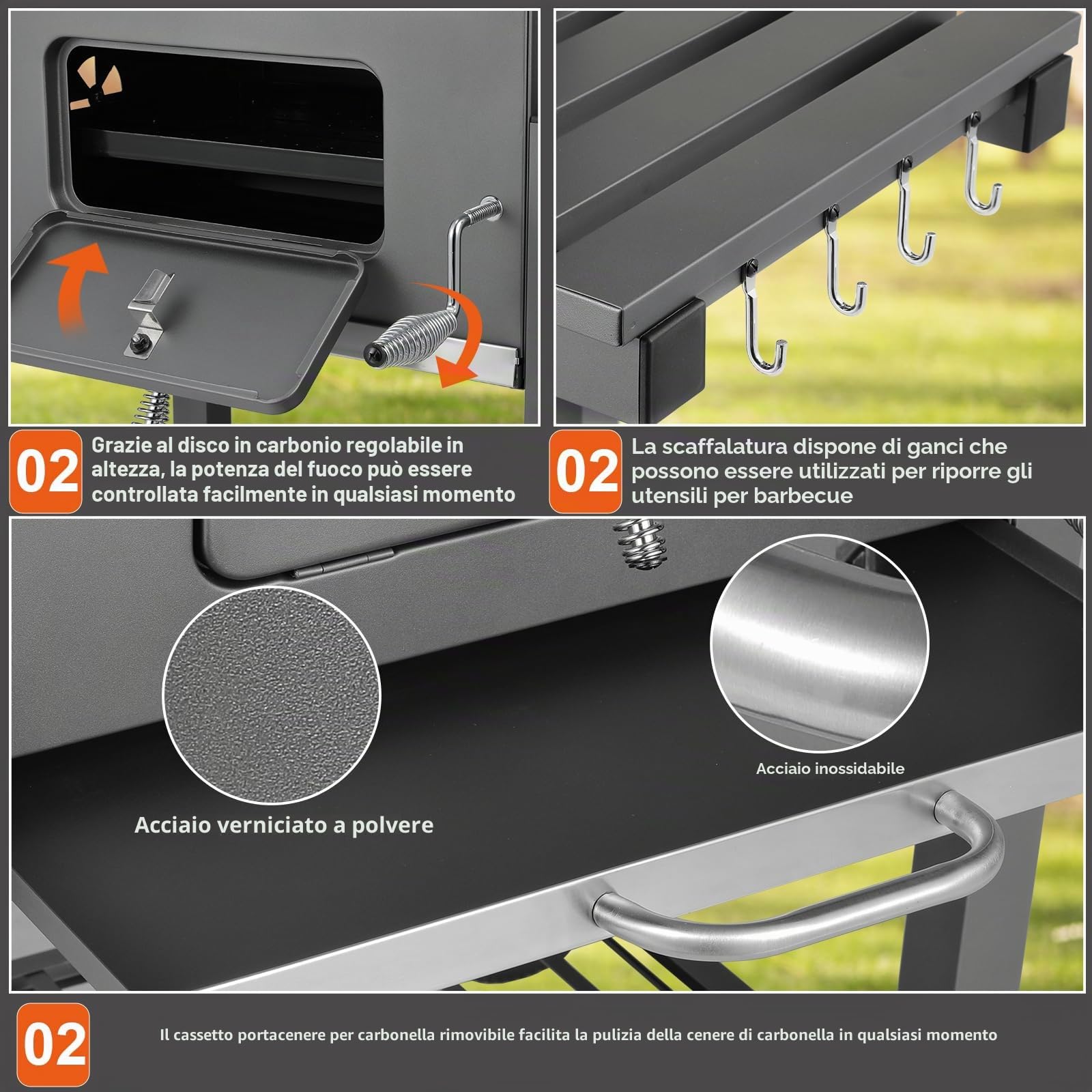 TLSUNNY Barbecue a Carbone XL, Griglia per Barbecue con Coperchio, 2PCS Ruote, BBQ Carbonella in Giardino e all'aperto, Grande Capacità, Grigio, 116,3x105,5x55,7 cm | Carrello per barbecue a carbonella con griglia, 2 ruote, termometro, regolabile in altez