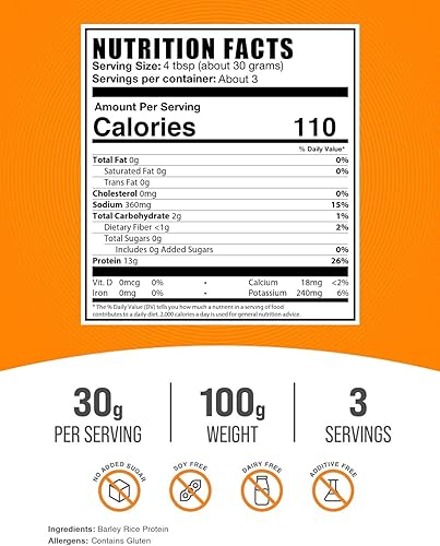 Miniatura 2 de BulkSupplements. com Polvo de proteína de arroz de cebada, proteína vegana en polvo, nutrición deportiva, sin sabor y sin lácteos, 1.06 oz por