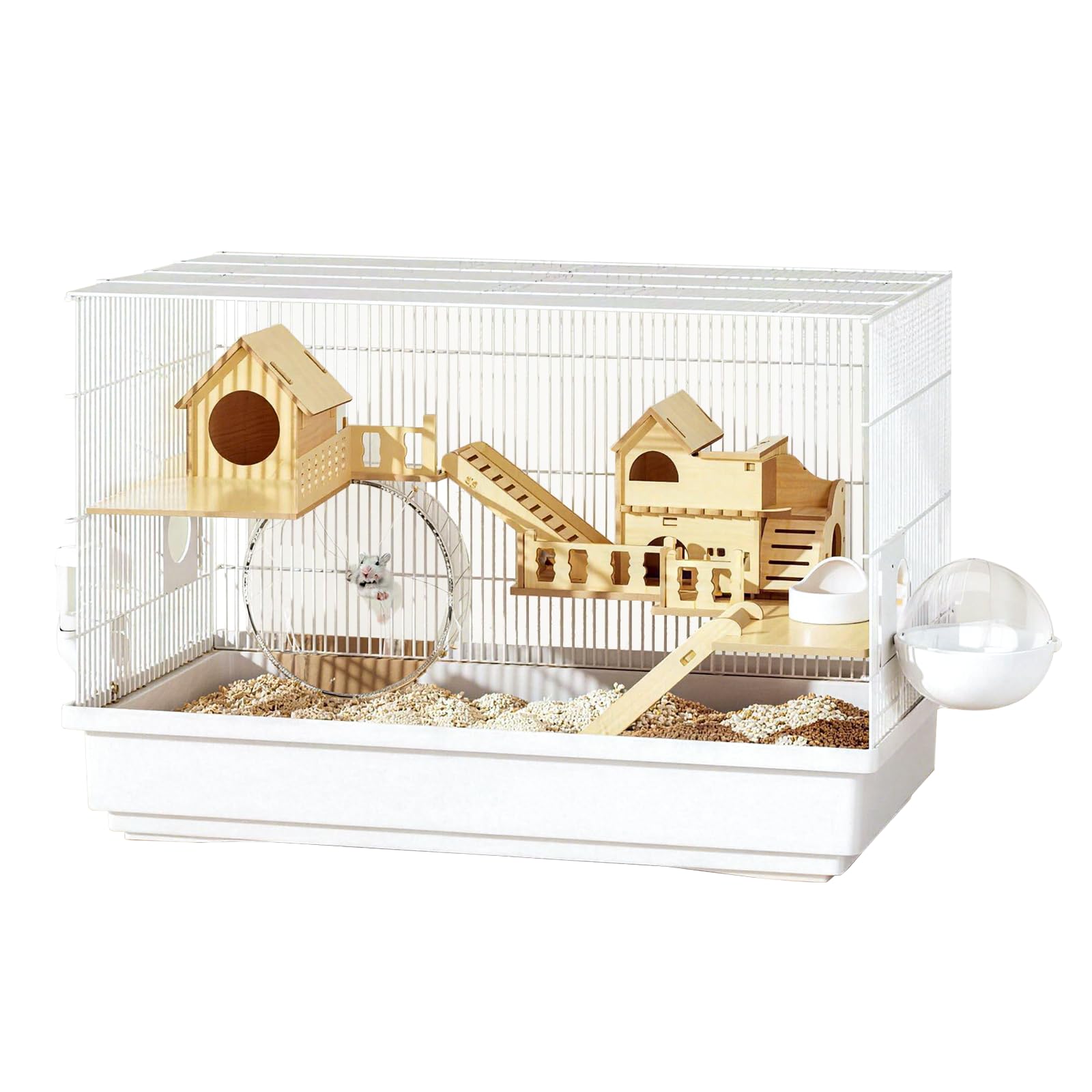 Gabbia per criceti 3 ripiani, gabbia per animali piccoli, resistente al morso, dotata di girante, borraccia e set di accessori da 10 pezzi, 60 x 32 x 40 cm, gabbia per criceti in legno, facile da