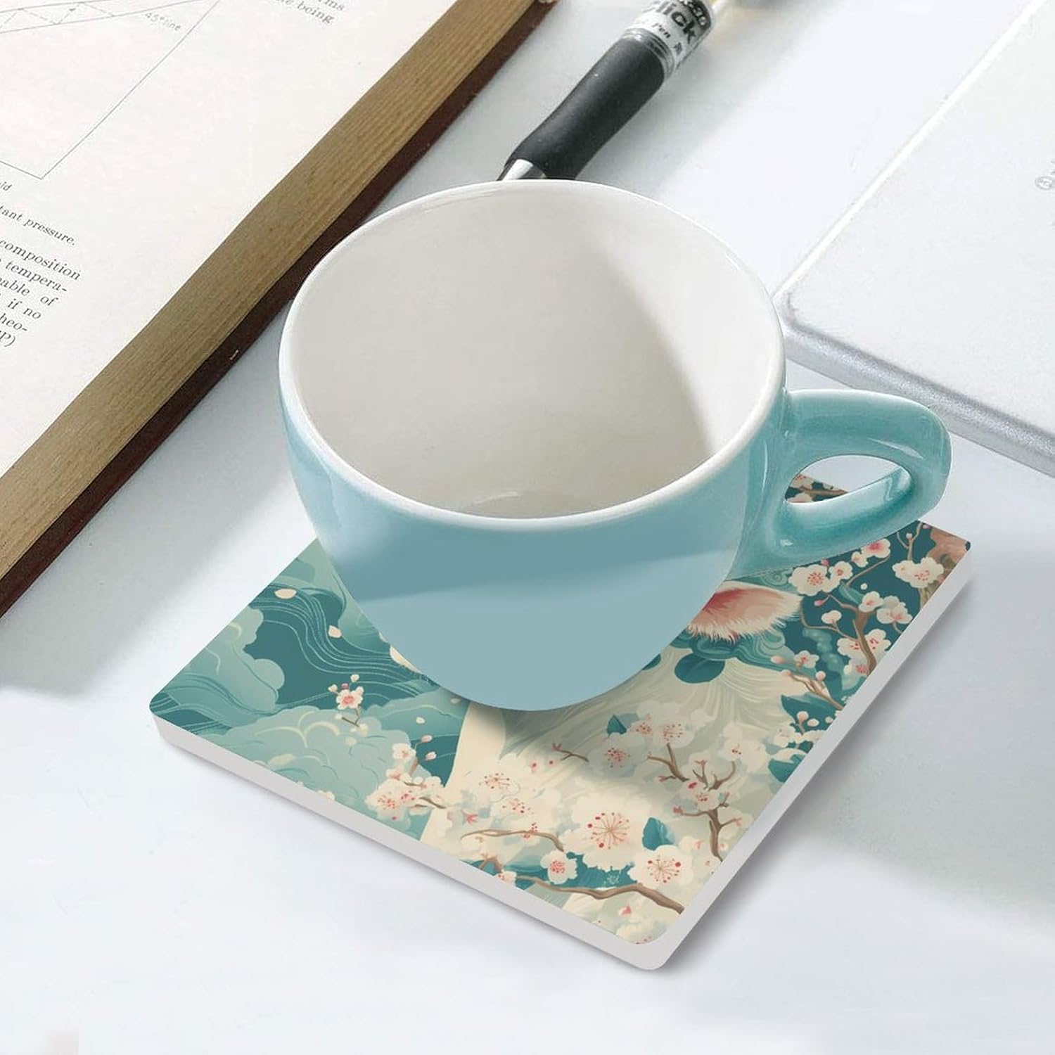 Beautiful White Cow Coasters for Drinks Square Ceramic Coasters Cup Mats with Cork Base