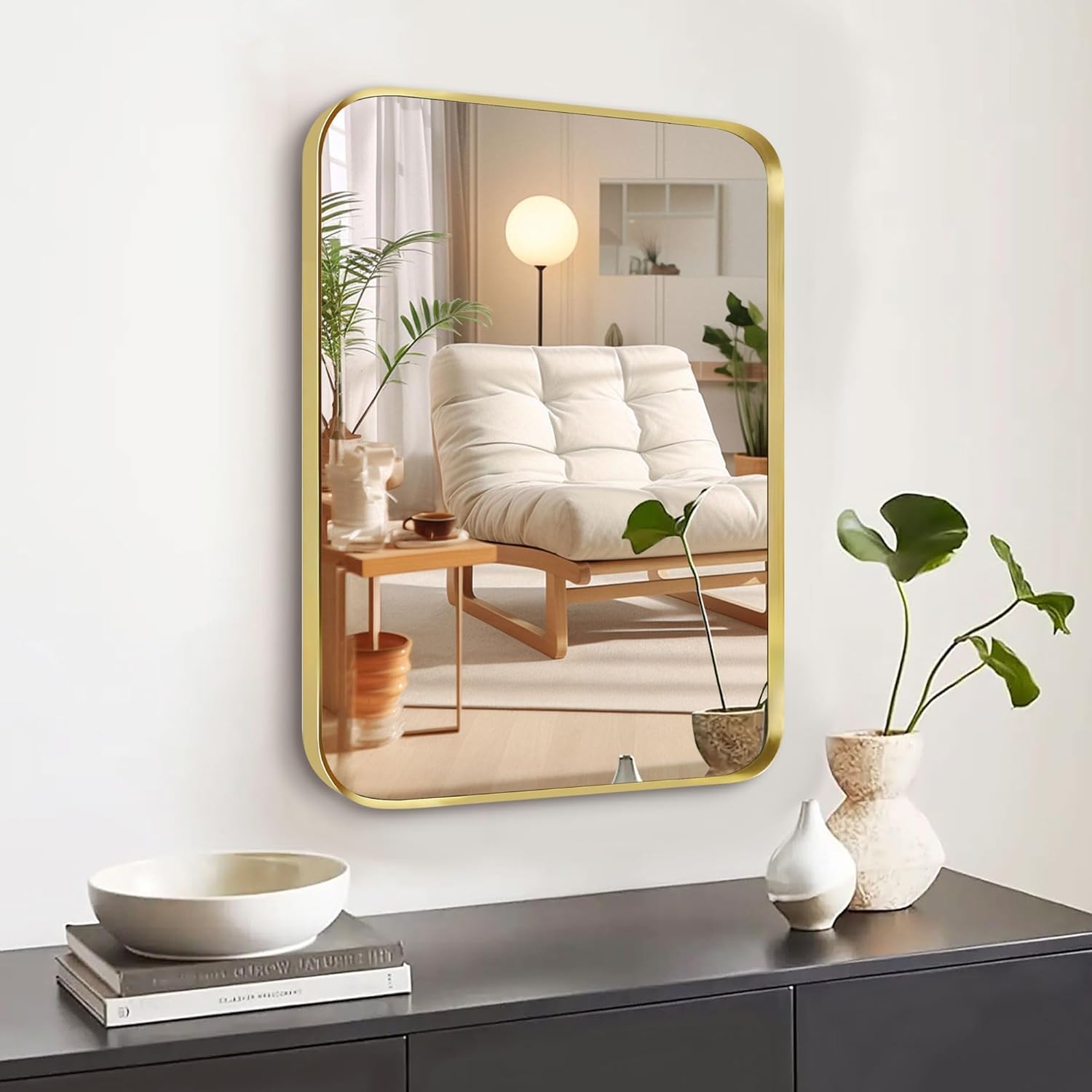 (SIMILAR TO STOCK PHOTO)12x16 inch Brushed Gold Bathroom Mirror for Wall, Rounded Rectangle Mirror with Metal Frame for Bathroom Entryway Vanity,Living Room,Bedroom,Vertical or Horizontal 16\"L x 12\"W Brushed Gold