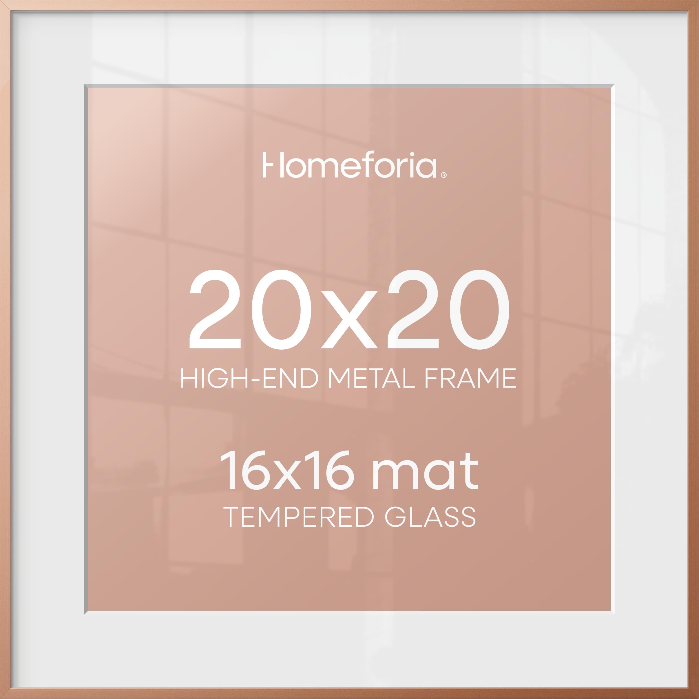 Homeforia 20x20 Picture Frame Rose Gold, High End Metal 20 x 20 Square Poster Frame with Mat 16 x 16 Photo, 20x20 Frame Matted to 16x16 Print, 20by20 Hanging Frames, Tempered Glass, Wall Kit, Set of 1