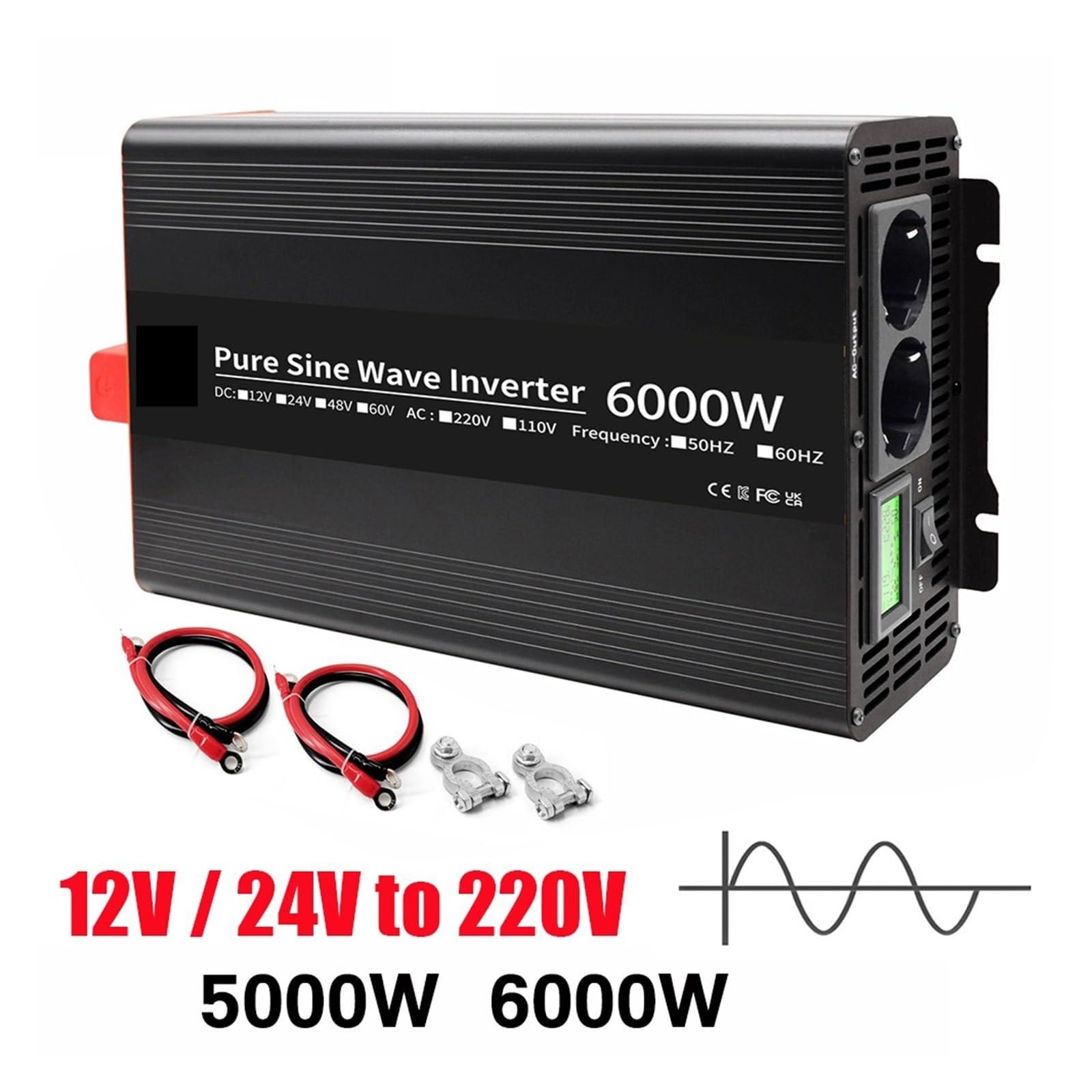 5000W 6000W Czysta Sinusoida Falownik z Podwójnym Gniazdem i Ekranem LCD. Przetwornica napięcia DC 12 V 24V na AC 220V (6000W, 12V-220-230V 50HZ)