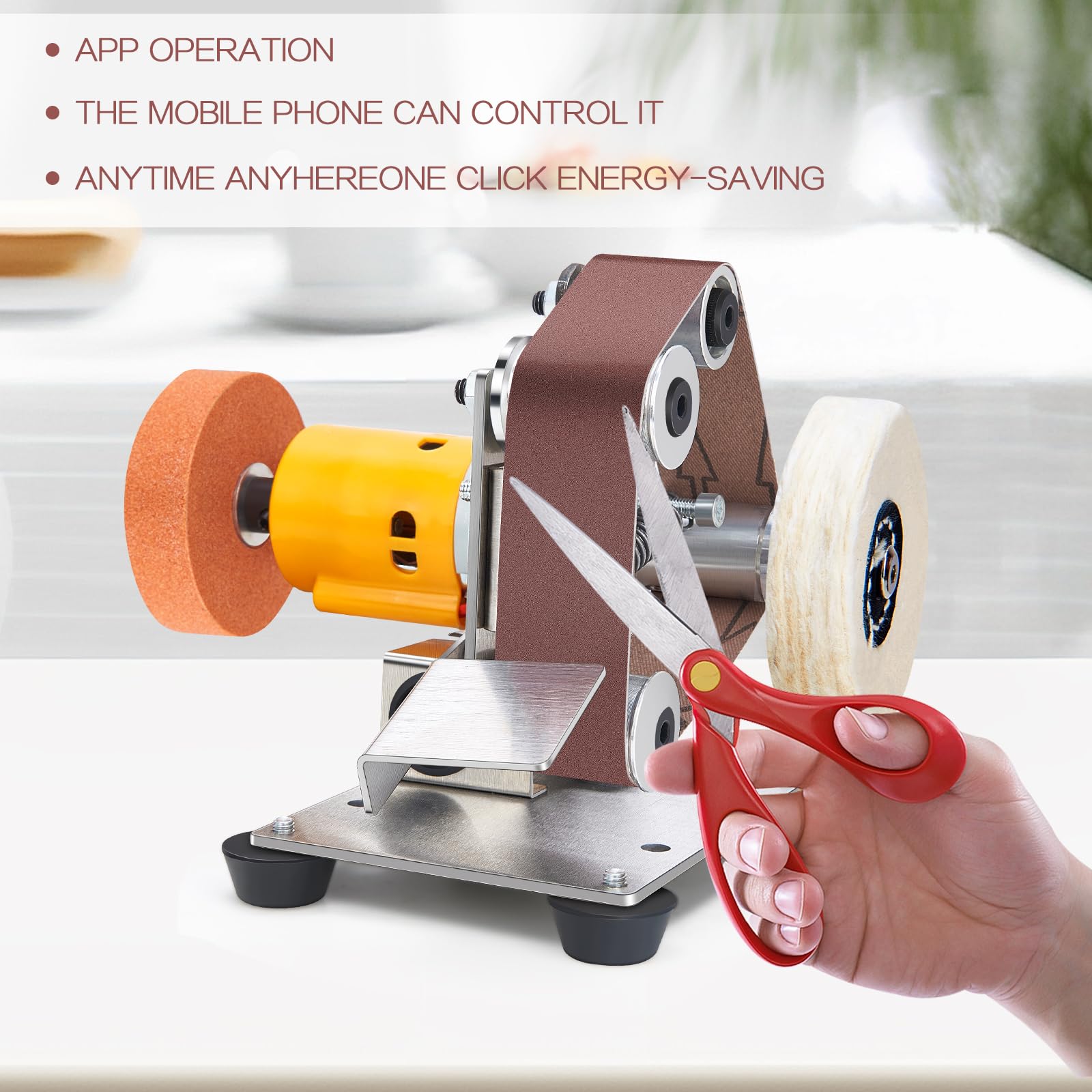 Mini Bandschleifer,7 Einstellbare Geschwindigkeiten Elektrischer Messerschärfer, Schleifbänder Geliefert, Schleifscheibe und Polierscheibe für Metall Holz DIY Handwerk, Werkzeug & Messerschärfen