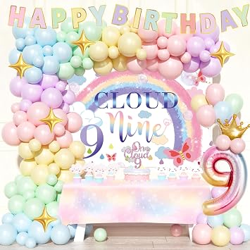 on Cloud 9 Birthday Decorations for Girl 124 PCs Cloud Themed Nine Birthday Party Supplies with Backdrop, Balloon Garland, Banner, Tablecloth, Cake Topper, Cupcake Topper