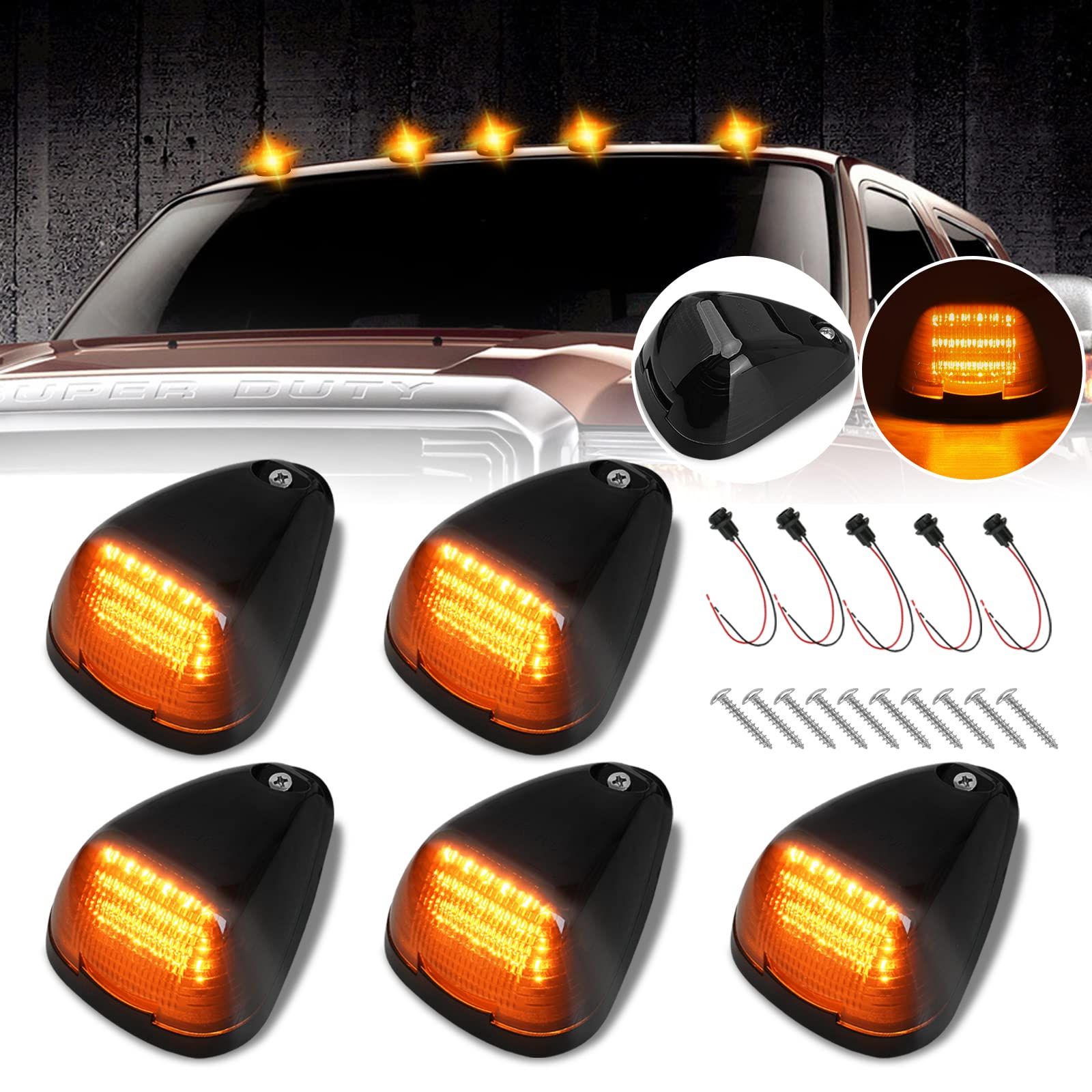 D-Lumina LED Cab Roof Marker Lights – Smoked Amber Lens, 5-Pack, Fits 1999-2016 Ford Super Duty Trucks, E-Series Vans
