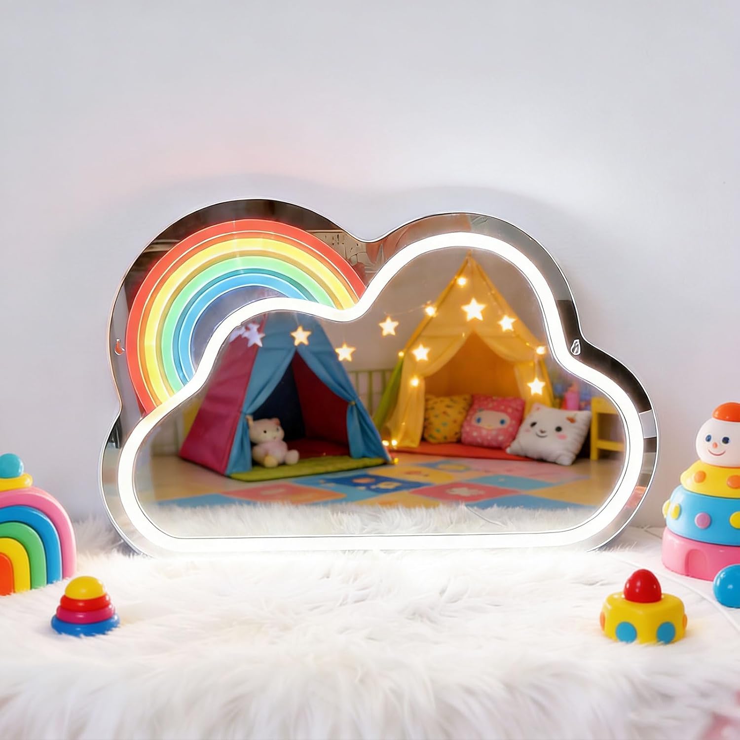 Cloud Rainbow Mirror with Light Neon Signs for Wall Decor，Makeup Mirror neon Sign Teen Girl Bedroom Becor for Birthday Christmas Halloween Thanksgiving