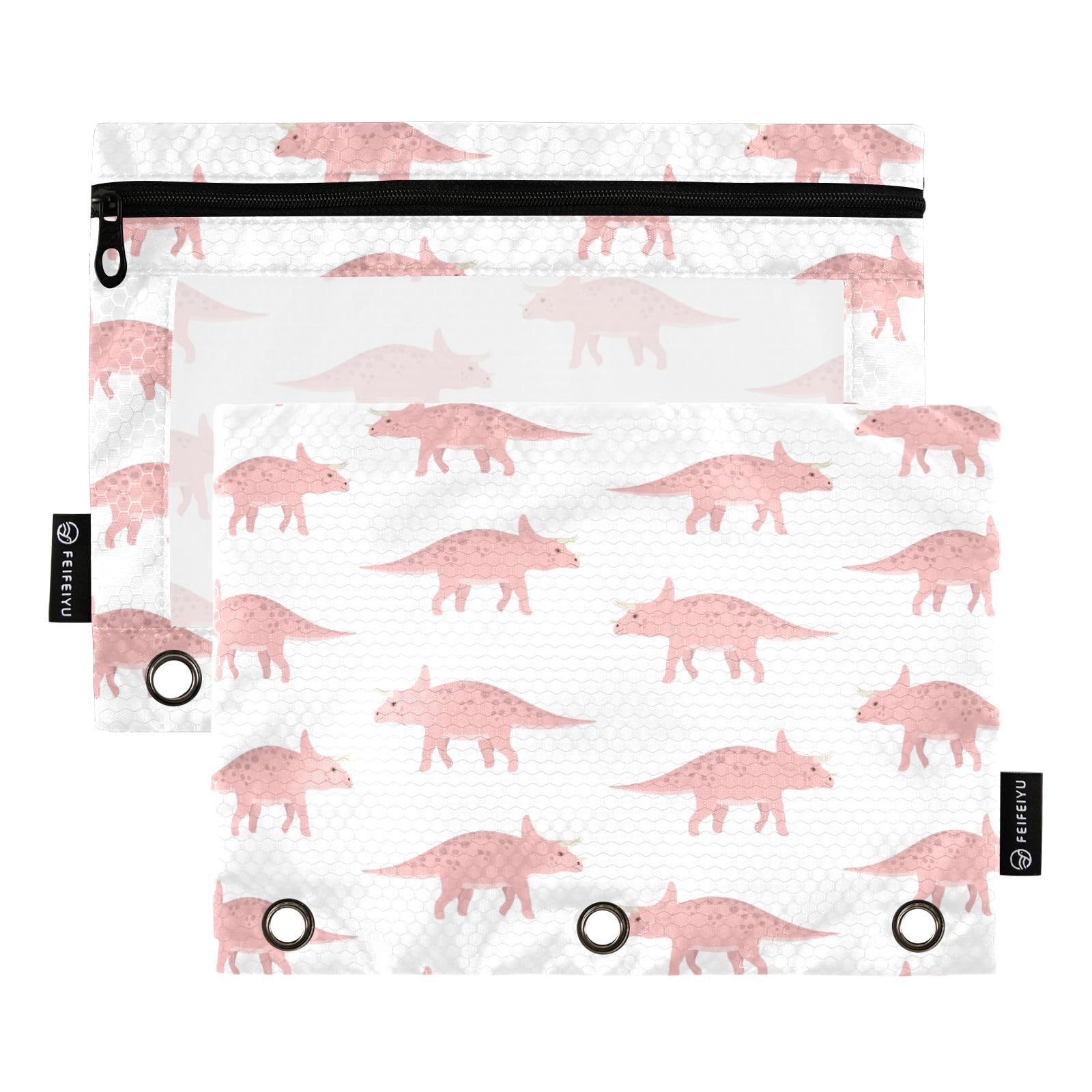 KICPOAY Pencil Pouch for 3 Ring Binder Pink Triceratops Dinosaur 2 Pack Clear Window Pencil Bags with Zipper Pencil Case