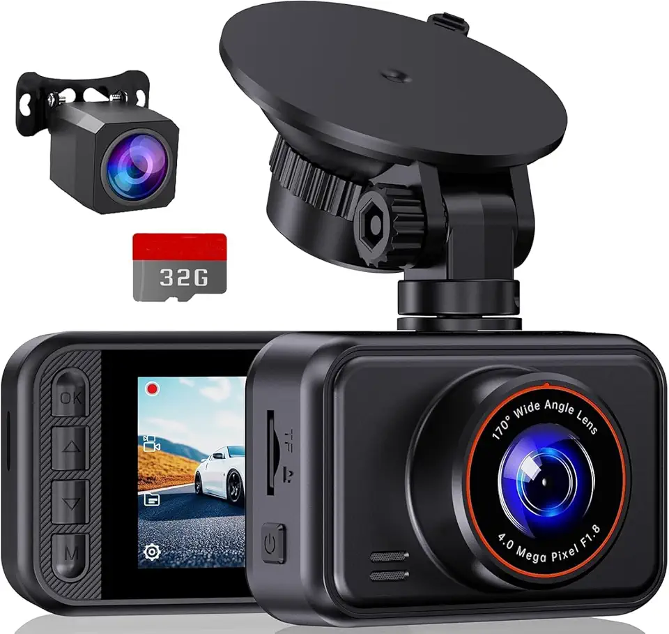 Dash Cam Front and Rear Camera, 1440P+1080P QHD Dual Channel Dashcam for Cars, Mini Car Camera, 2 inch IPS Screen, 32GB Card Included, WDR Night Vision, 24 Hours Parking Monitor, G-Sensor