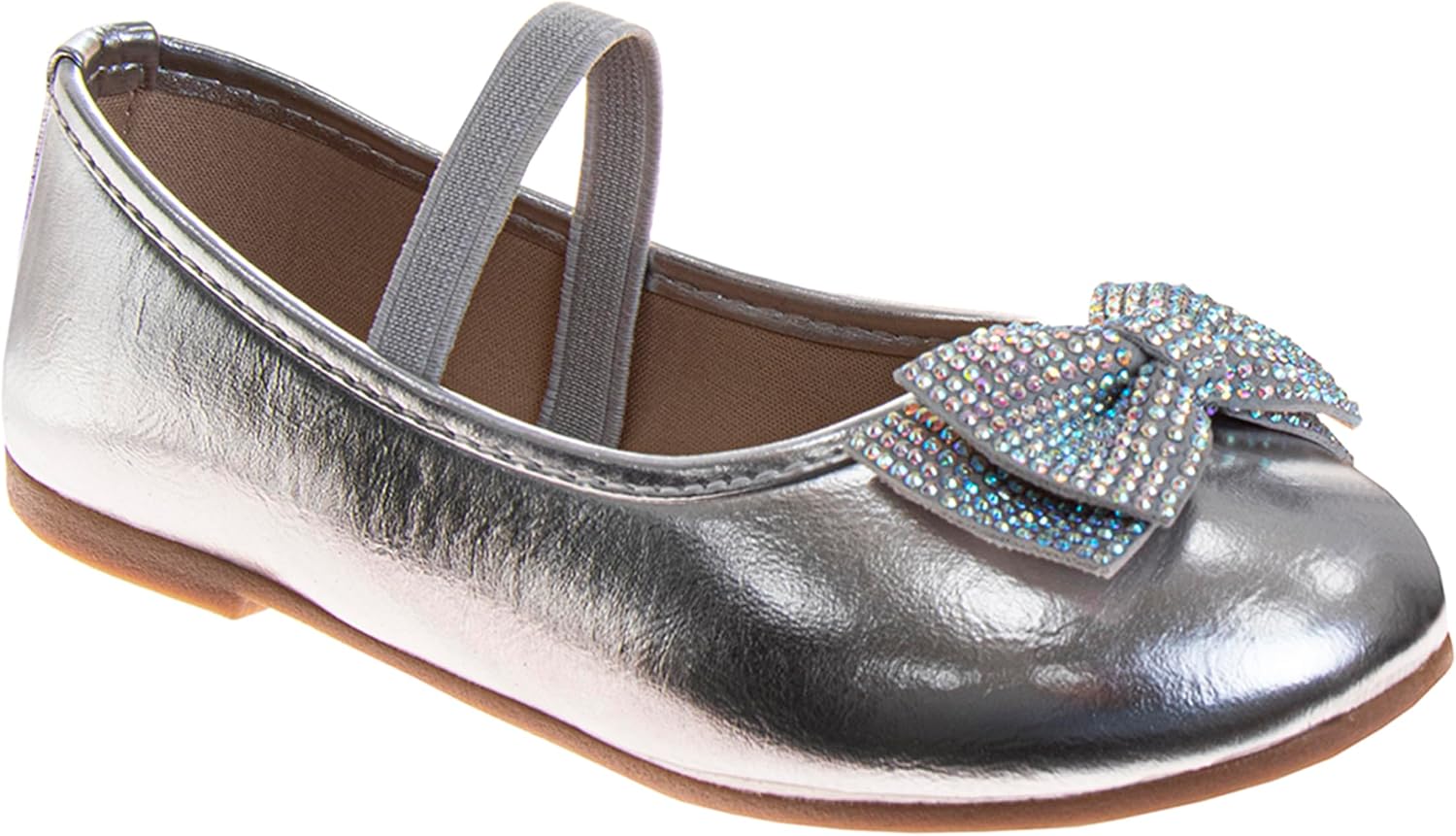 Josmo Girls Metallic Mary Jane Dress Shoes Elegant Bow Flats with Rhinestone Strap for Toddlers