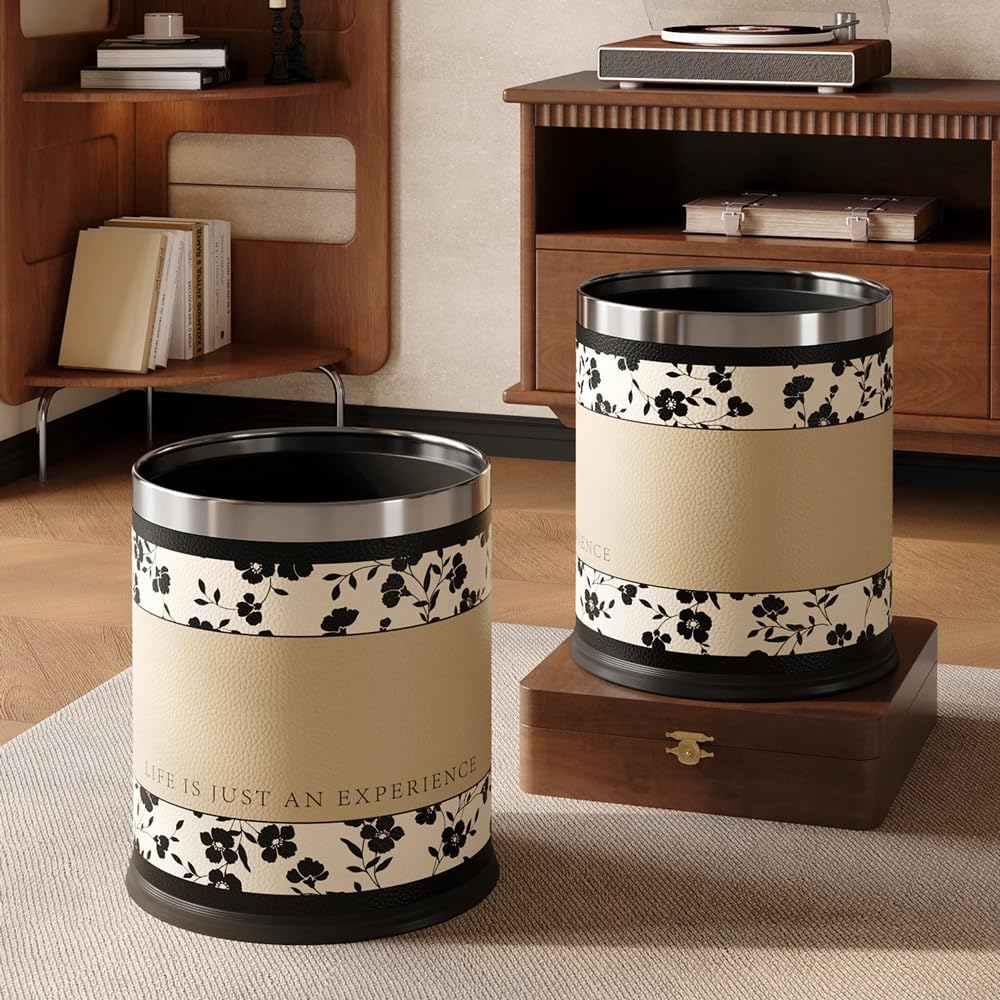 Decorative Metal Wastebasket, Double Layer Trash Can Round Garbage Bin Waste Basket Container for Kitchen Bathroom Home Office(15L)