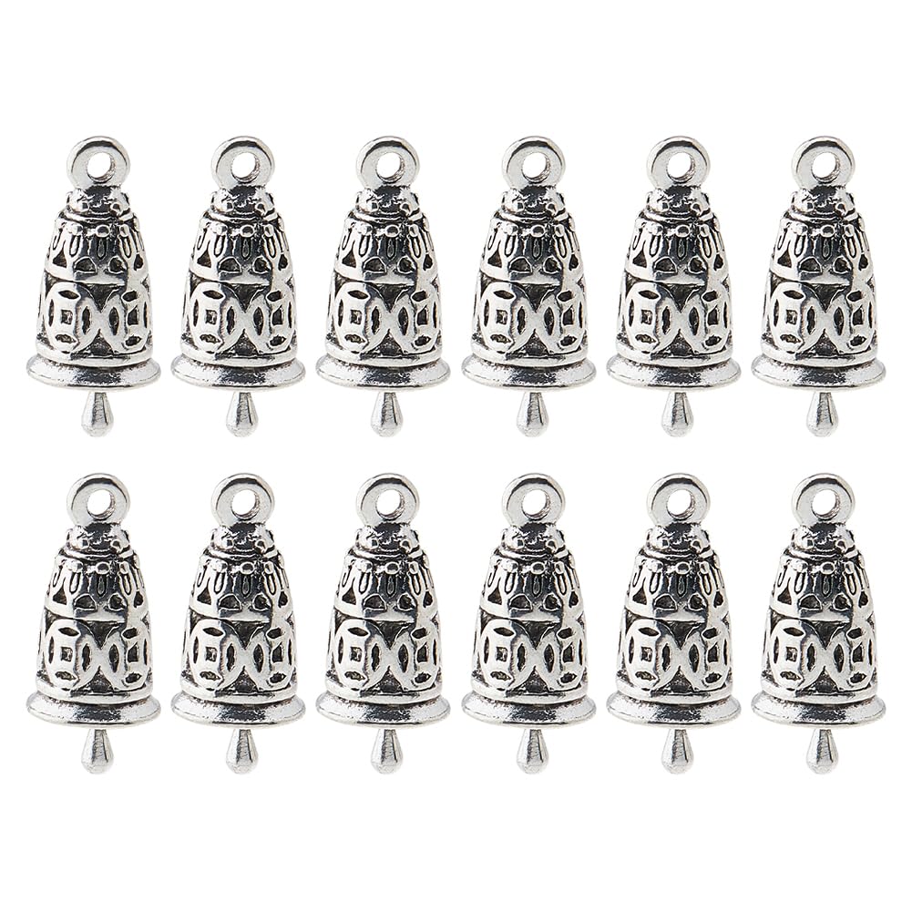 Hobbspring 12pcs Tibetan Style Alloy Pendants Wind Chime Bells Mini Bell Charms Tibetan Silver Bell Charms Pendants for DIY Craft Jewelry Making Xmas Tree Door Hanging Decoration