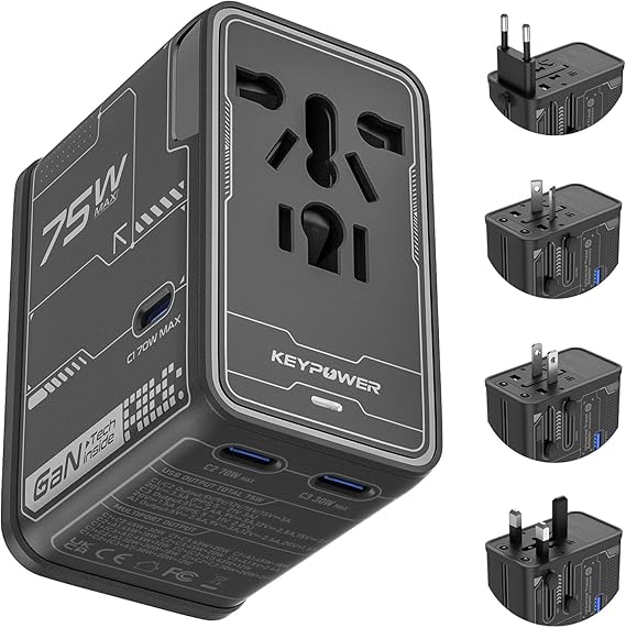 Universal Travel Adapter, 75W GaN International Power Adapter with 3 USB C and 1 USB A, All in One Travel Plug Adapter, Worldwide Outlet Wall Charger Converter for EU US UK AU 200+ Countries