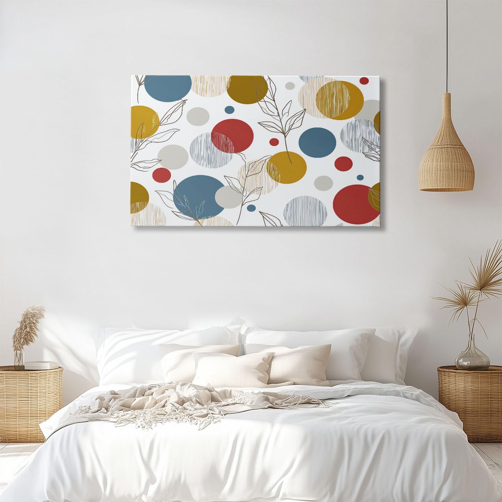 Abstrakt Geometrisch Polka Dots Pflanzen Modernes Leinwandbild 120L x 80B cm mit Rahmen, Boho XXL Wanddeko für Wohnzimmer Geschenk Idee Einzug - Hochwertiger Kunstdruck auf Holzrahmen