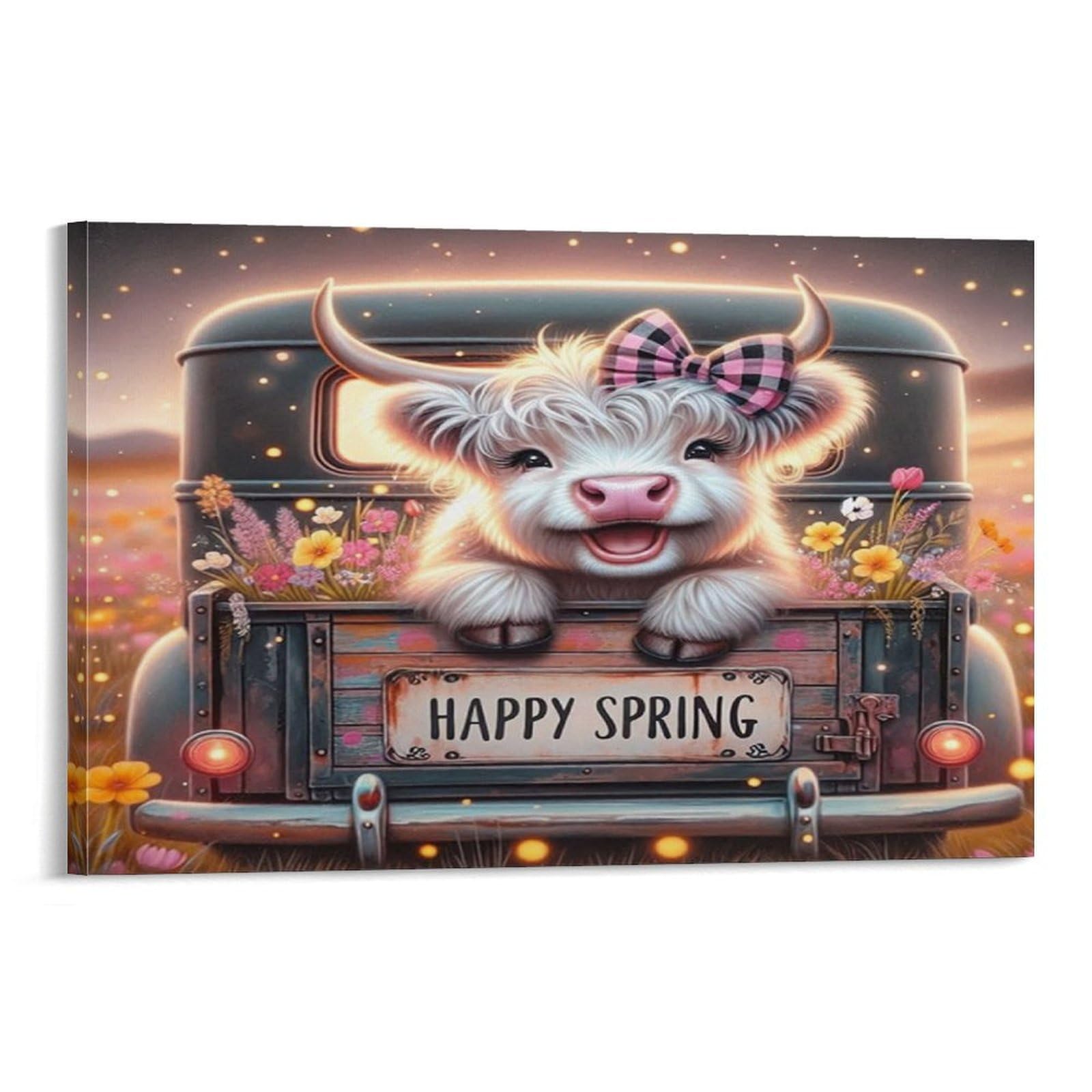 CPLVKWRQJ Cute Cow Spring Truck Individual White Cow Vintage Truck Spring Flowers Canvas Wall Decor - Nursery Wall Hanging Space Saving Removable Ready to Hang 20x30inch(50x75cm)
