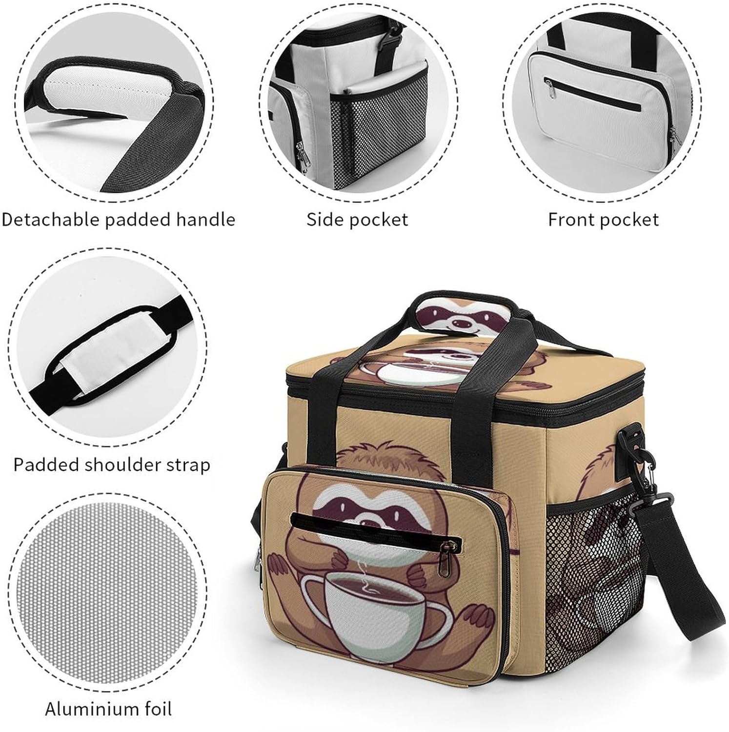 Camping Ice Pack, Yoga Sloth Coffee Print Cooler Bag, 22.5L Large Capacity Insulated Lunch Tote Bag for Outdoor, Picnic, BBQ, Travel, Work