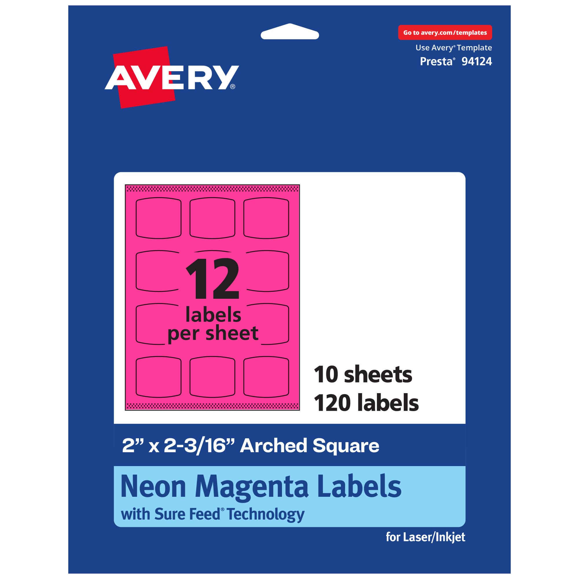 Avery Printable Arched Square Labels, Sure Feed Technology, 2" x 2-3/16", Neon Magenta Labels, Print-To-The-Edge, Laser/Inkjet Printable, 120 Total,