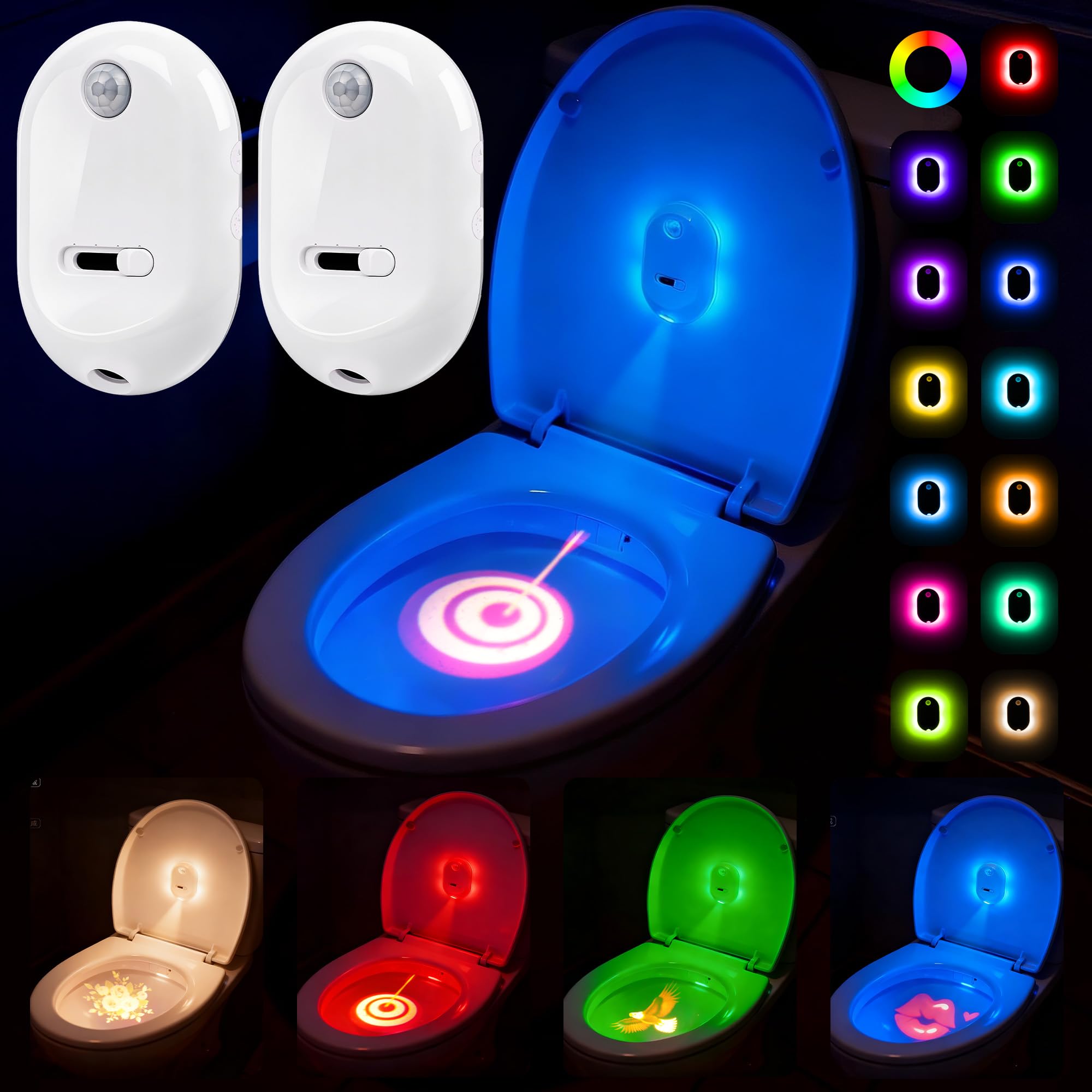 Toilettenlicht, Bewegungssensor, bewegungsaktiviertes WC-Nachtlicht, 13 Farbwechsel, 4 Projektionsmuster, wiederaufladbares Toilettenschüssel-Licht für Badezimmerzubehör, Dekoration, Herren, Kinder