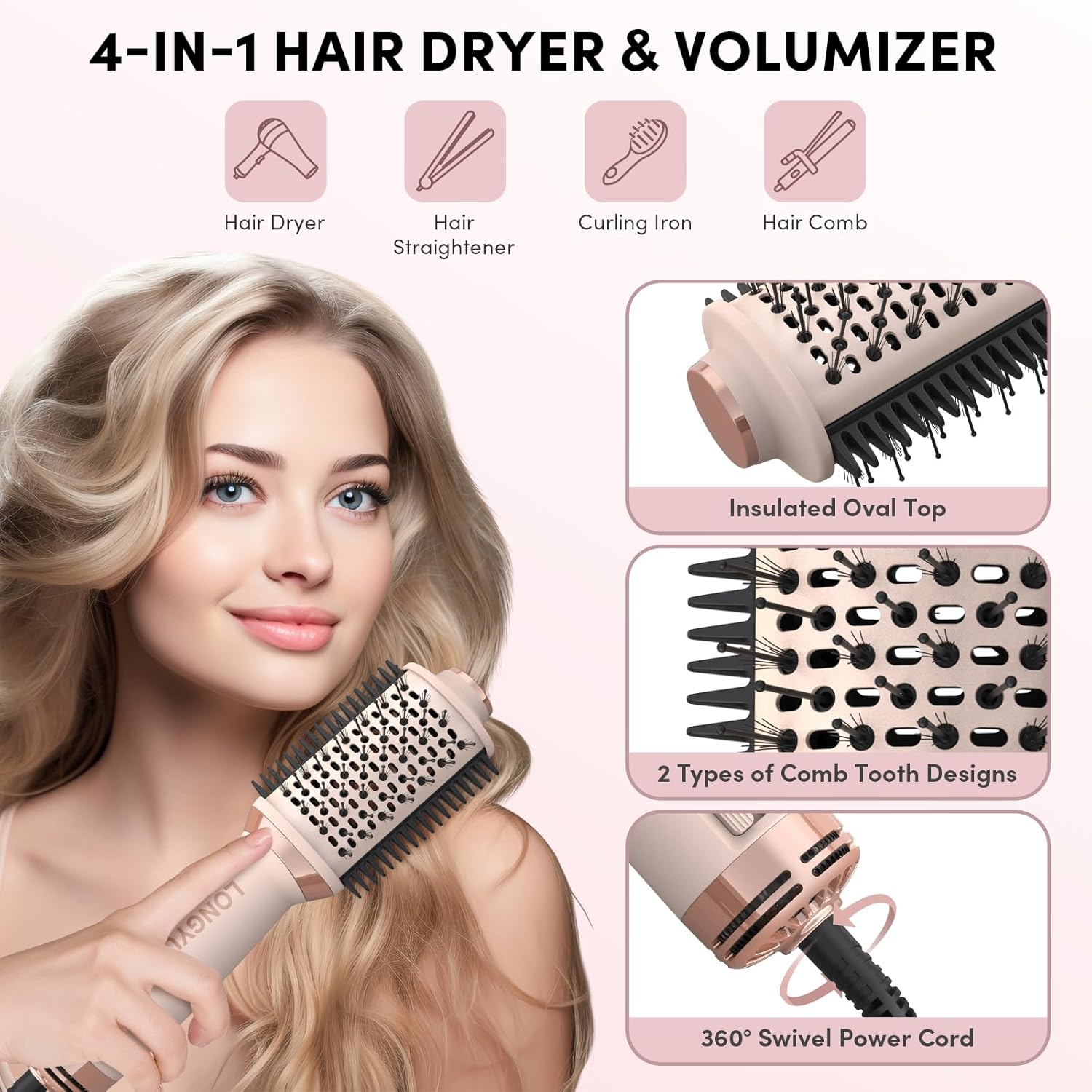 Longyu Travel Dual Voltage Hair Dryer Brush Mini Hot Air Brush with European Plug 110V-240V One Step Blow Dryer and Styler Volumizer for Home & Salon - Image 6