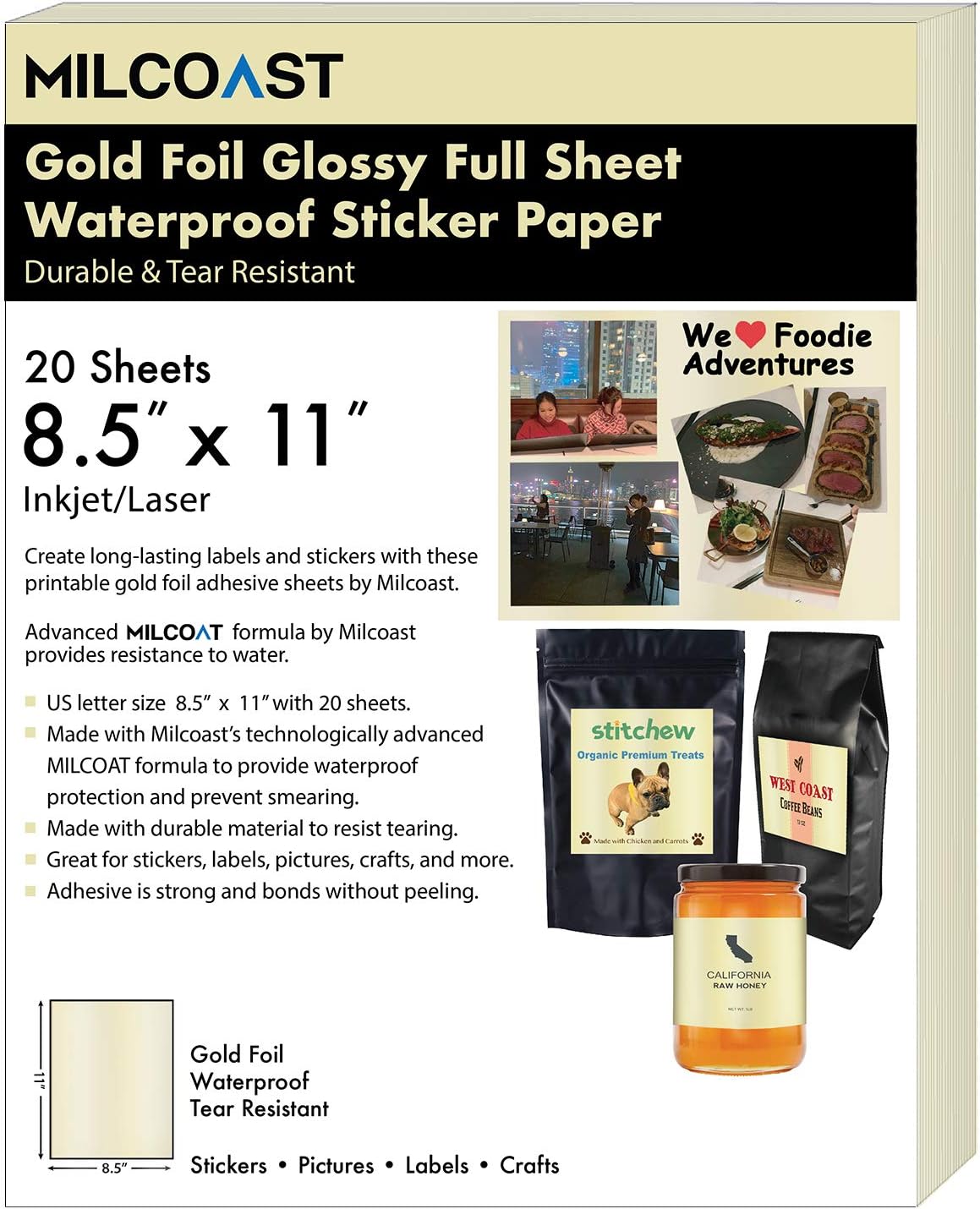 Milcoast Gold Foil Glossy Full Sheet 8.5" x 11" Adhesive Tear Resistant Waterproof Photo Craft Paper - for Inkjet/Laser Printers - for Stickers, Labels, Scrapbooks, Bottles, Arts, Crafts (20 Sheets)