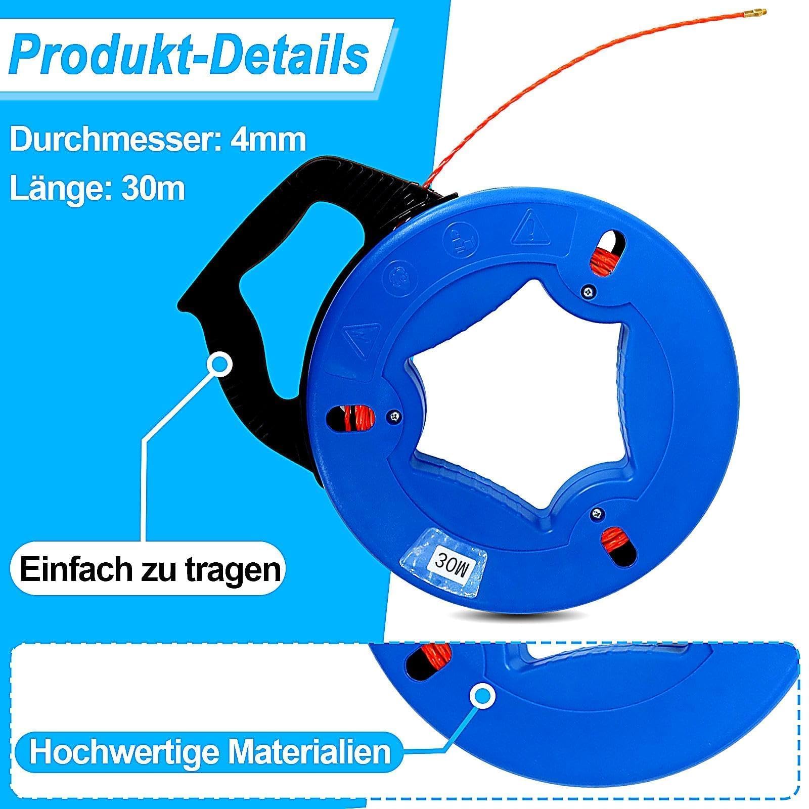 Kabeleinziehhilfe 30 m 4 mm, PET Einziehspirale mit Aufrolltrommel, Kupfer-Zugkopf und 6 Adaptern, Kabelziehband für Leerrohre, Stromkabel, Netzwerkkabel, SAT Kabel