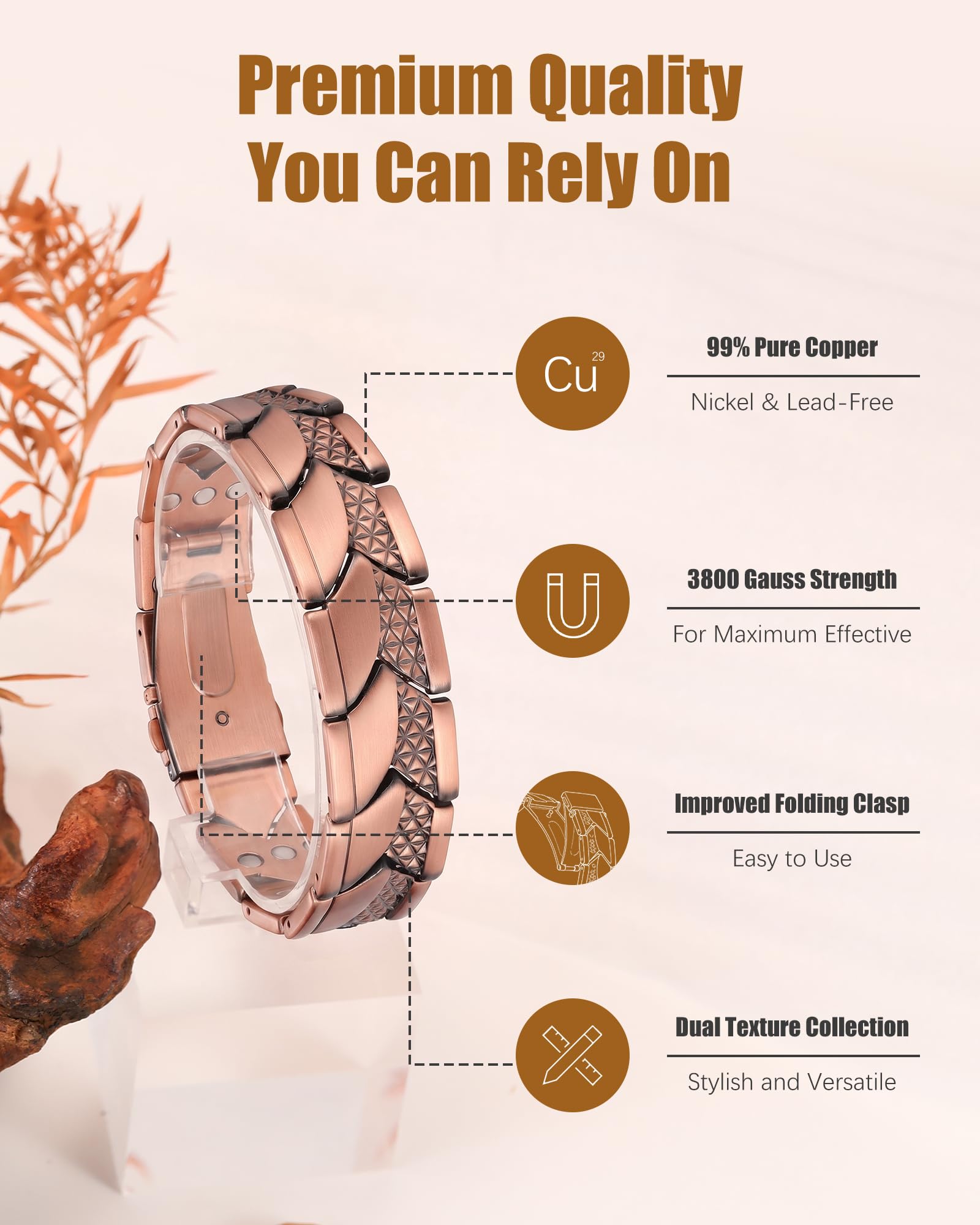 Jeracol Pulseras de cobre para hombre, pulsera magnética de cobre puro al 99 %, tamaño ajustable y caja de regalo de joyería (textura a escala)