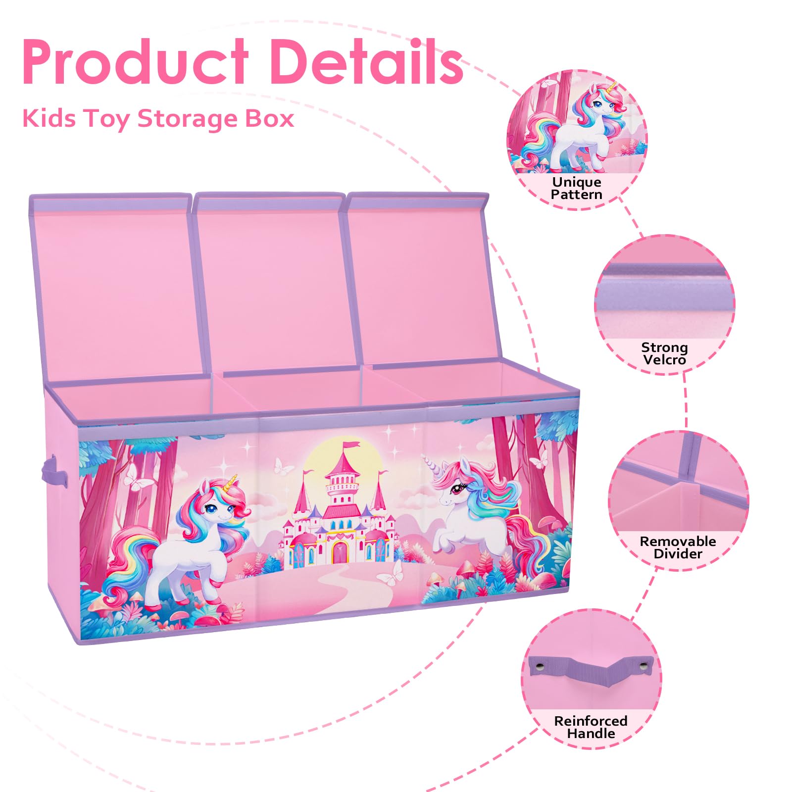 Scatola di Giocattoli Large con Coperchio Ribalta per Bambini, Contenitore Porta Giochi Pieghevole Oxford, Baule Portagiochi Impermeabile Robusto per Ragazze Ragazzi, 96×32×40cm (Unicorno Fantasia)