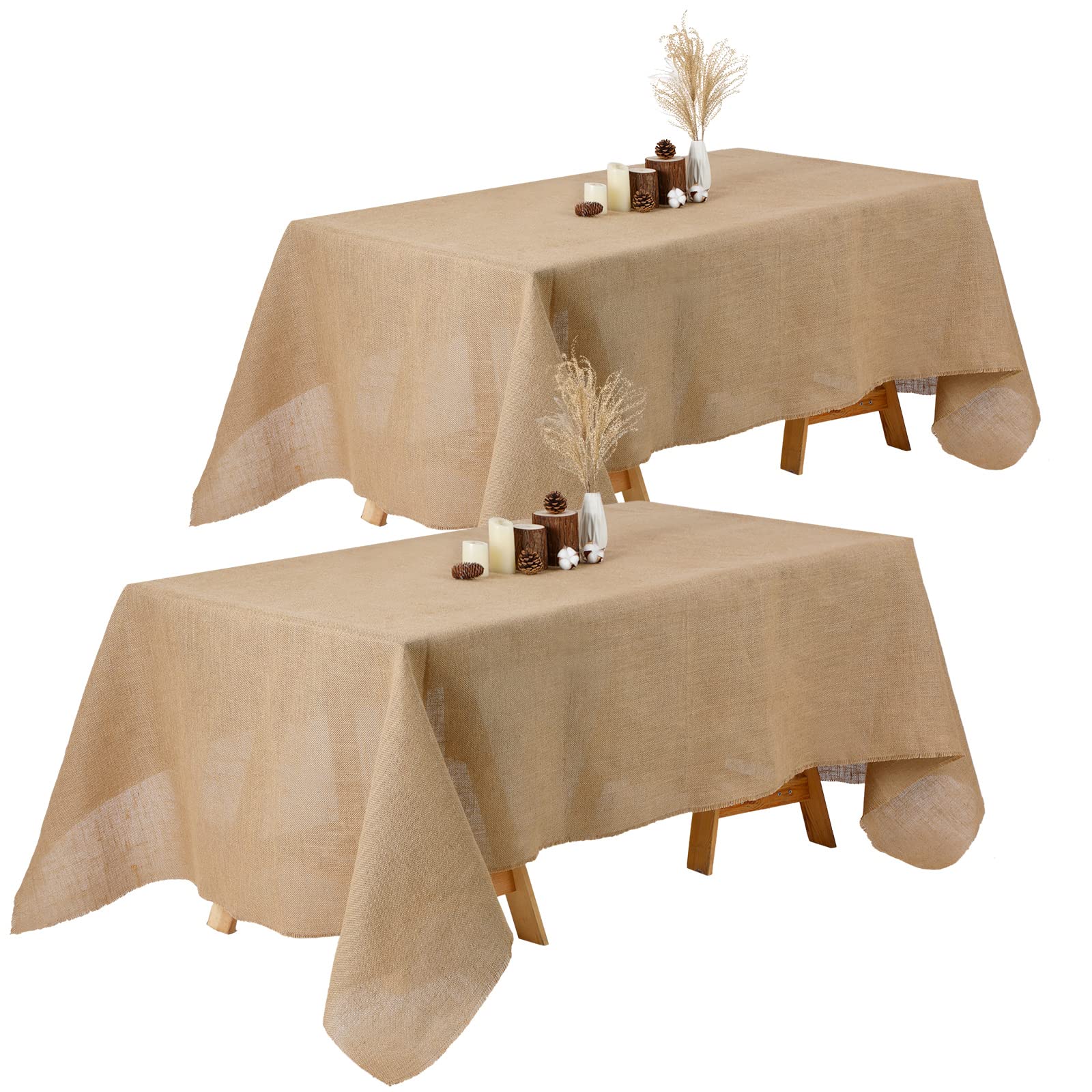 Photo 1 of Kingdder Natural Burlap Tablecloth Farmhouse Rustic Wedding Rectangle Burlap Table Cover Jute Tablecloth for Wedding Party Reception Bridal Shower Outdoor Picnic Camping(2 Pcs,63 x 108 Inch)