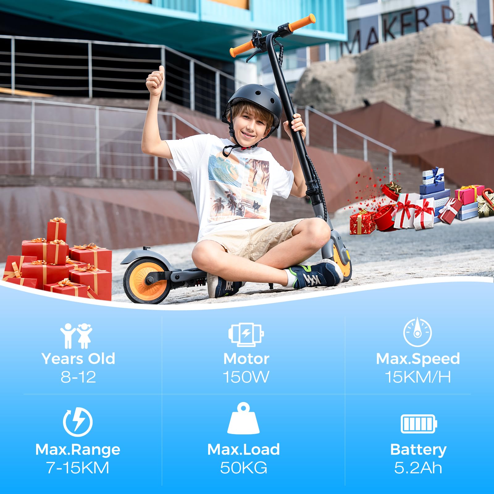 RCB R7X E-Scooter Kinder, Max Reichweite 15KM, Max Geschwindigkeit 15KM/H, 7" Vollgummireifen, Faltbarer Kinder Elektroroller, Stoßdämpfung, Geschenk für Kinder 8-12 Jahre