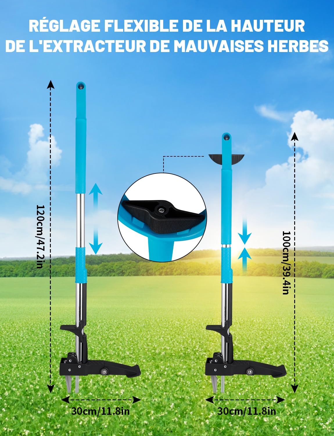 YISSVIC Désherbeur Manuel Arrache Mauvaise Herbe avec Pédale 4 Griffes Acier Inoxydable Long Manche Outil de Désherbage Solide pour Jardin Bleu