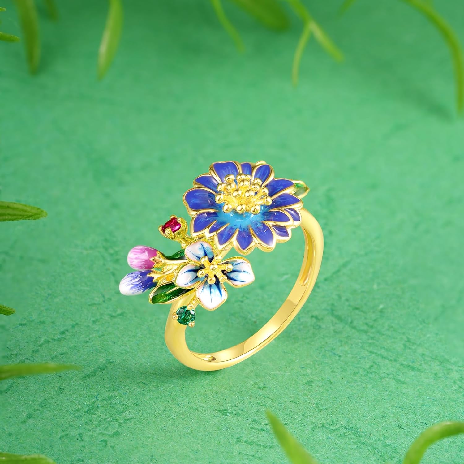 Santuzza 925 Sterling Silver Enamel Flower Ring for Women
