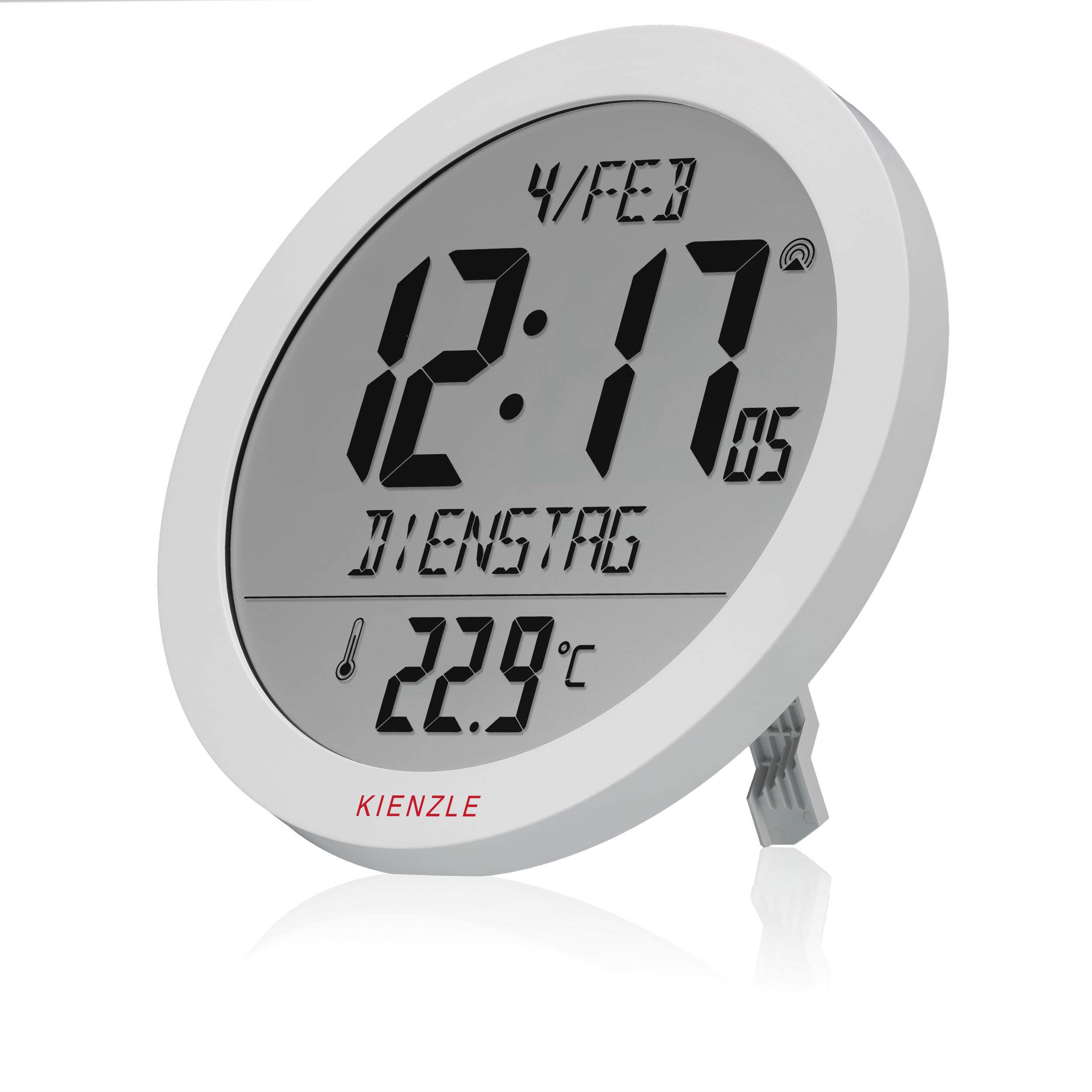 Kienzle Funkwanduhr Tischuhr mit Temperaturanzeige 18,7 cm Display DCF-Zeit Datum 2 Weckzeiten Schlummer weiß