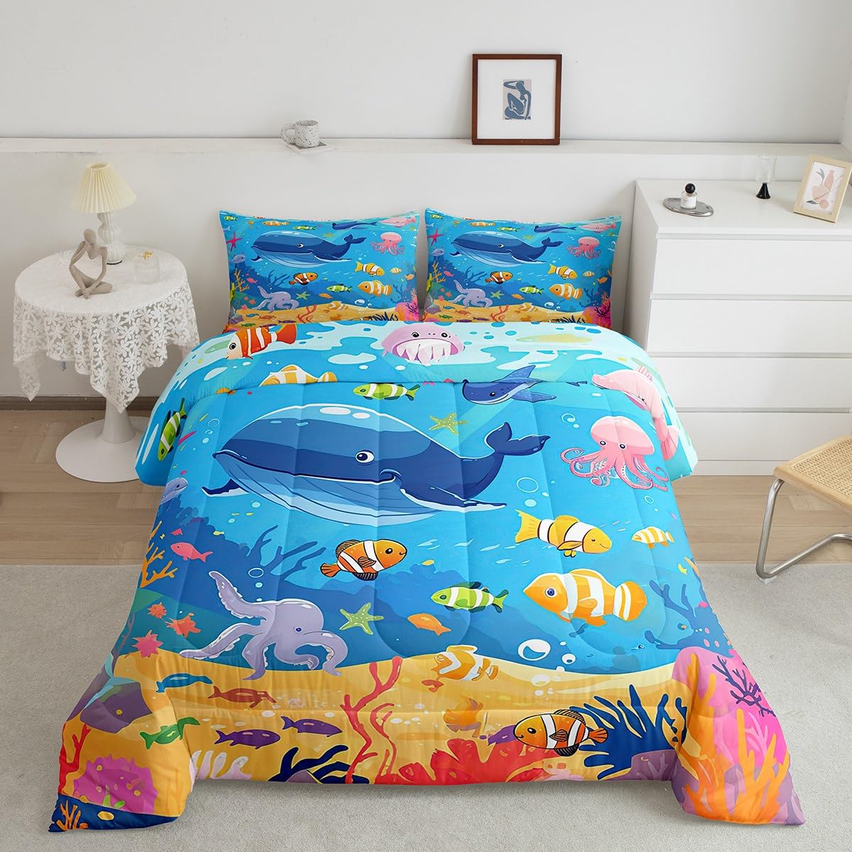 Feelyou Cartoon Cute Marine Animals Comforter Set Twin Size Kids Fish Dolphin Octopus Comforter for Boys Girls Teens Underwater World Bedding Set Summer Ocean Duvet Set Room Decor