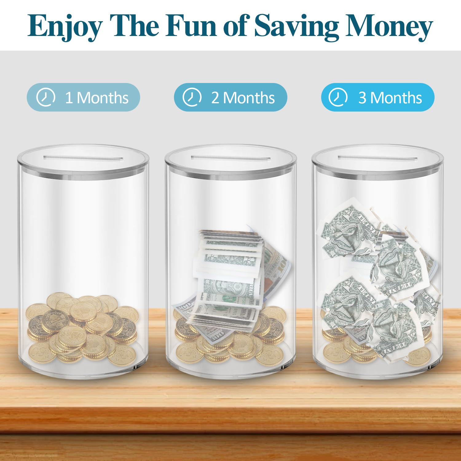 Money Box Acrylic Money Tin Transparent Money Savings Box with Lid Cylinder Clear Money Box Piggy Bank for Adults or Kids Money Saving Tin (Transparent lid) - Image 3