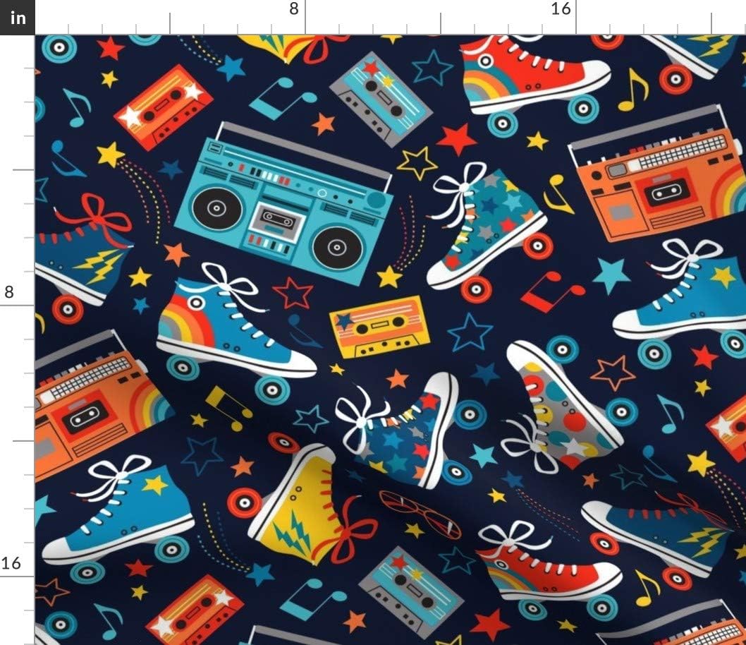 Spoonflower Fabric - Retro Rainbow Musical Notes Rainbows Roller Skates Skating Cassette Printed on Petal Signature Cotton Fabric by The Yard - Sewing Quilting Apparel Crafts Decor