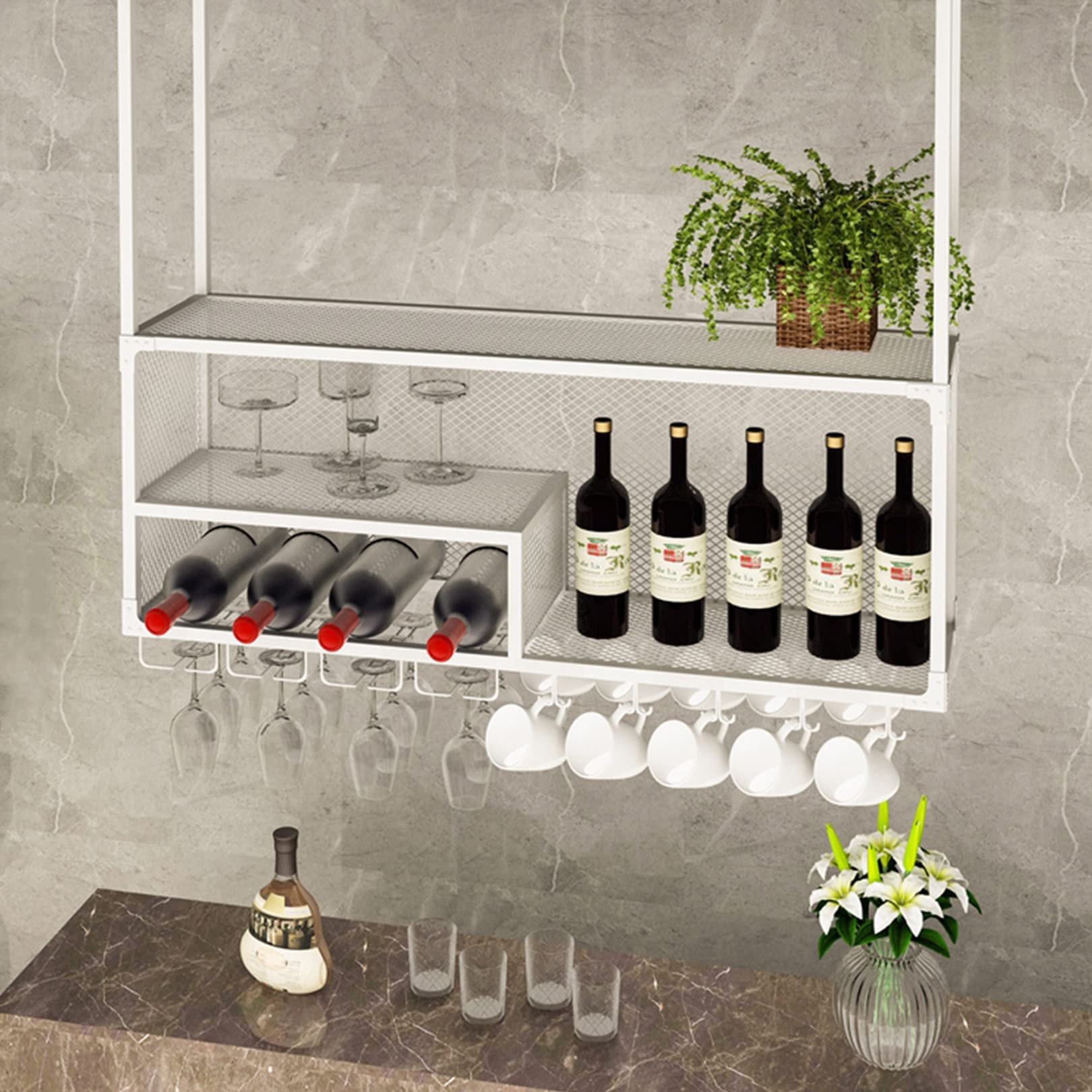 Support de bouteille en fer blanc avec casier à vin suspendu 120 cm et étagère de bar