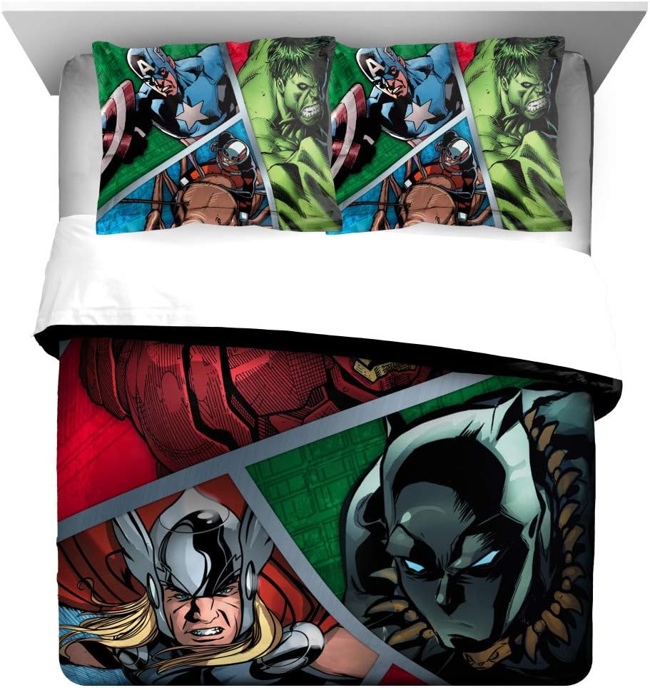 3 Piece Boys Grey Marvel Avengers Comforter Full Queen Set, Blue Kids Superhero Bedding Iron Man Black Panther Ant Man Green Hulk Captain America Thor Action Super Hero Film Comics Character Polyester