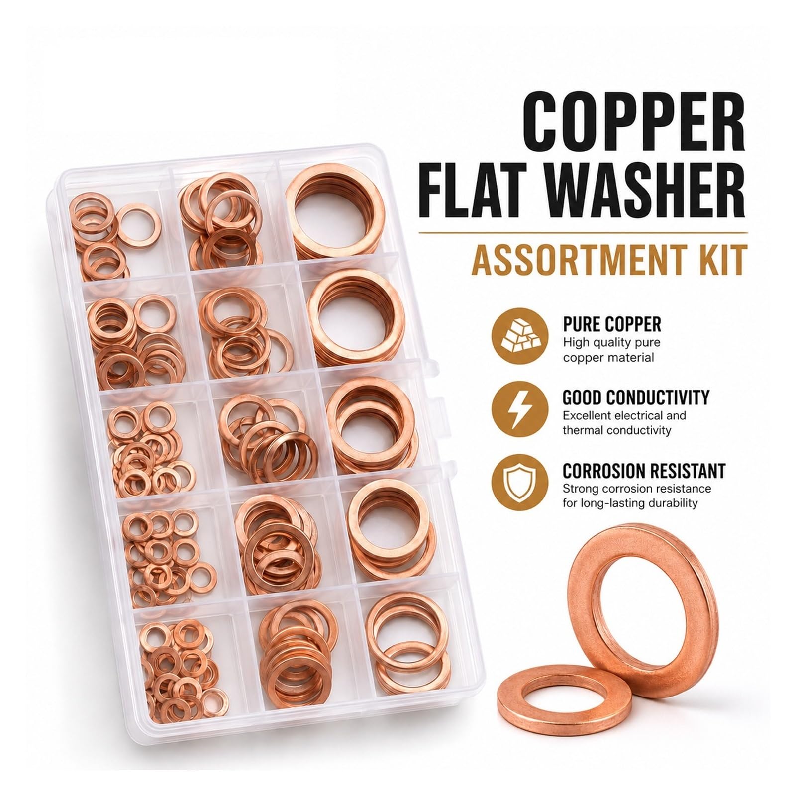Flache Unterlegscheibe 150/178-teiliges Rotkupfer-Unterlegscheiben-Sortiment-Set M3-M30 fester Dichtungsring(Set A-(150 Pcs))